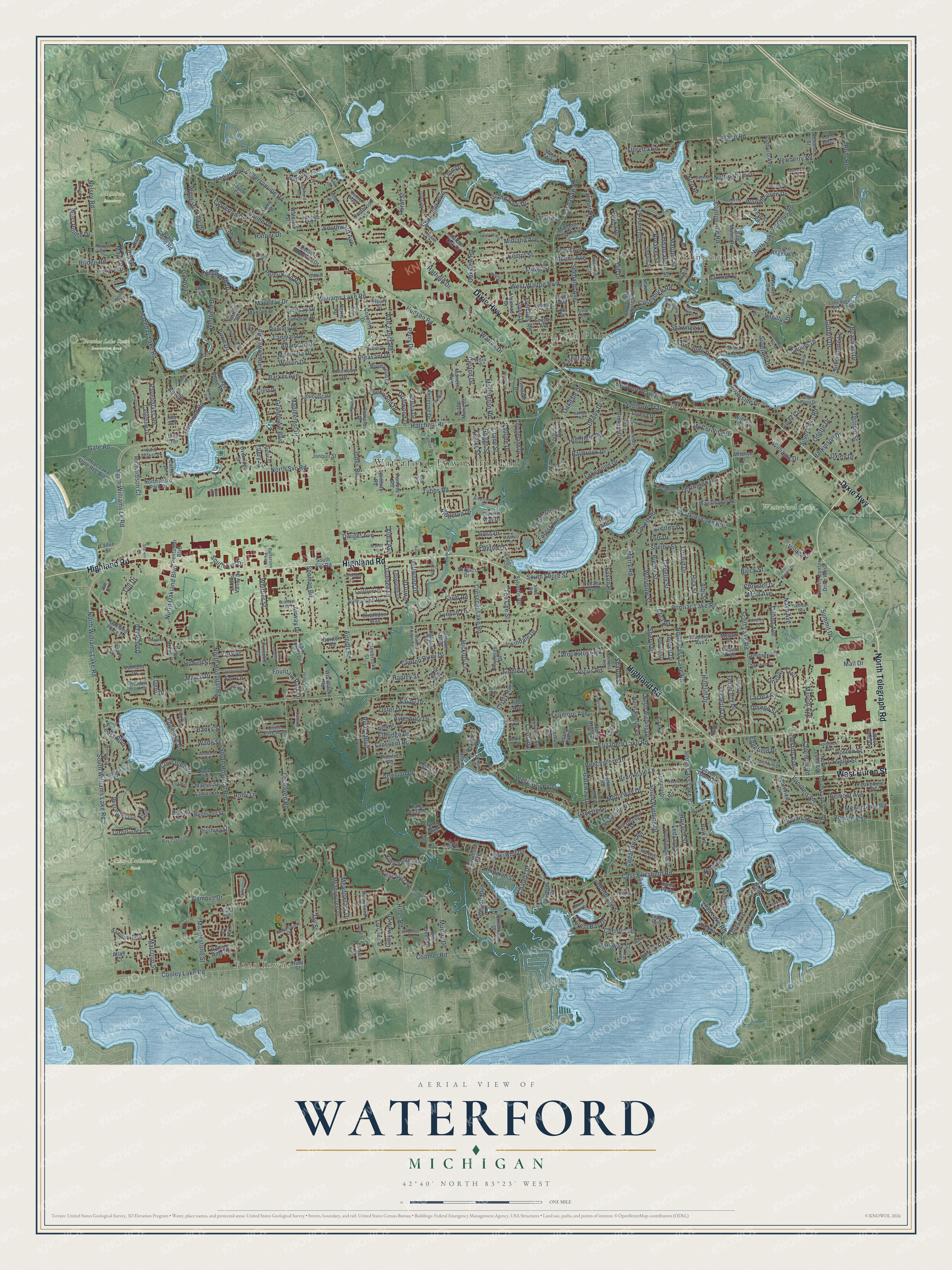 Full map of Waterford, Michigan, with red buildings, printed street names and the land around them
