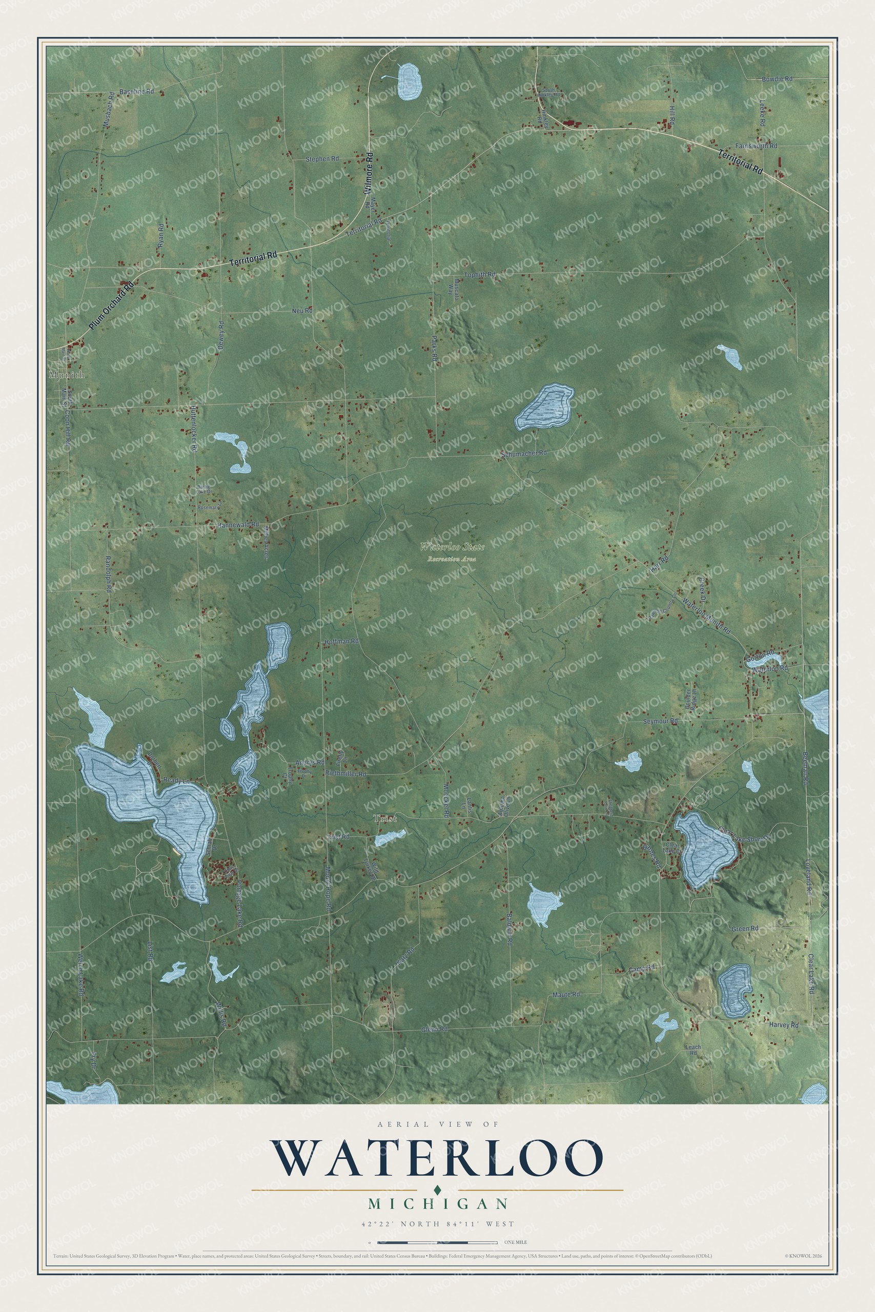 Full map of Waterloo, Michigan, with red buildings, printed street names and the land around them