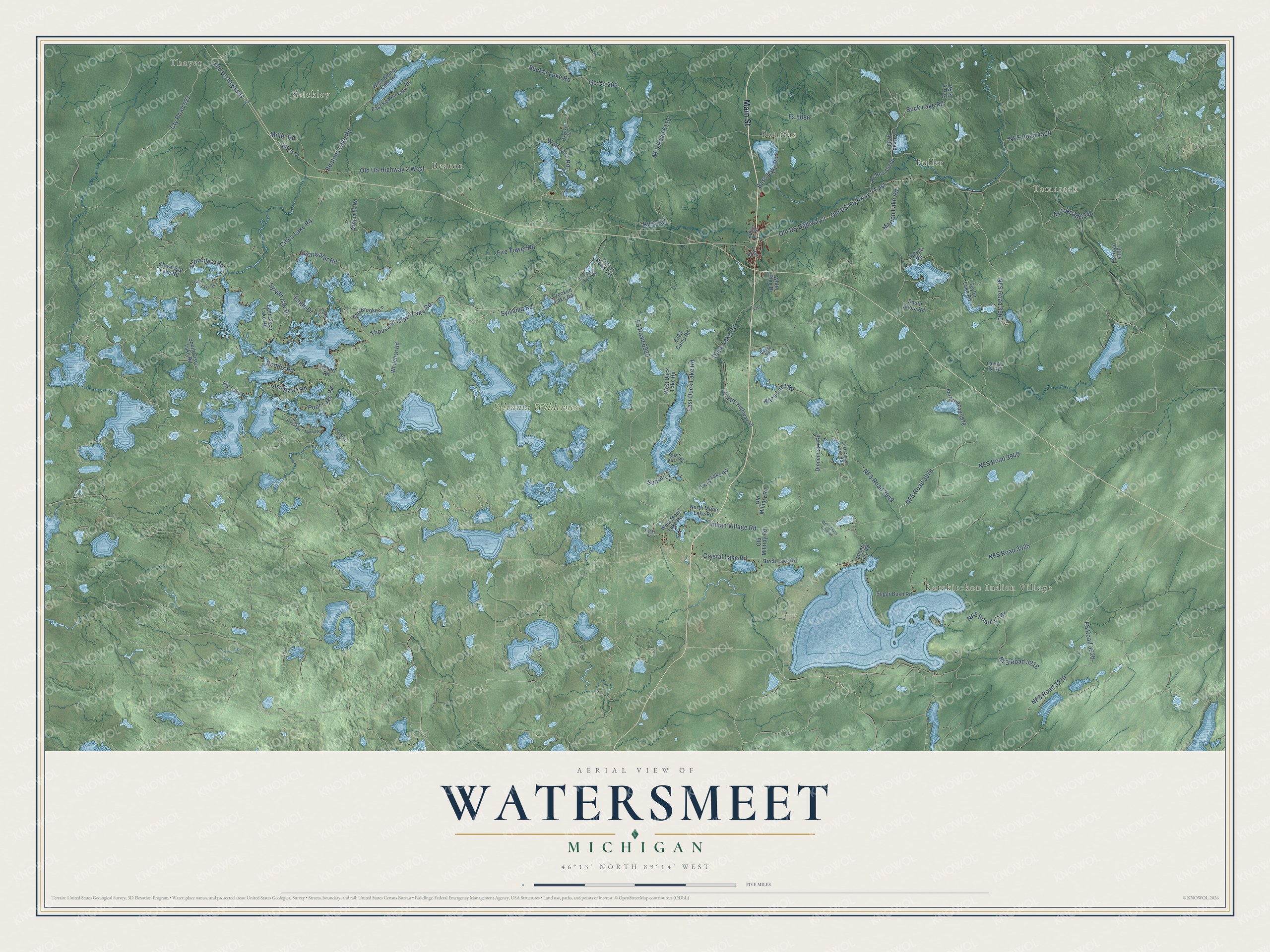 Full map of Watersmeet, Michigan, with red buildings, printed street names and the land around them