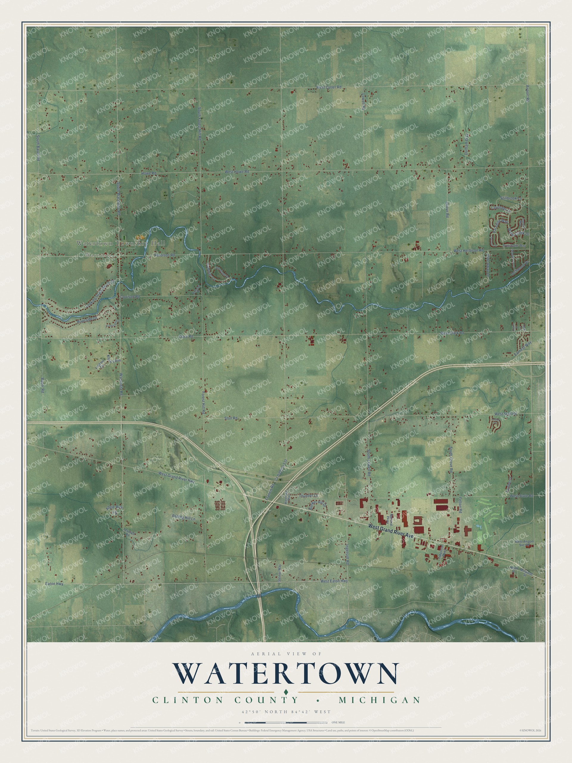 Full map of Watertown, Michigan, with red buildings, printed street names and the land around them