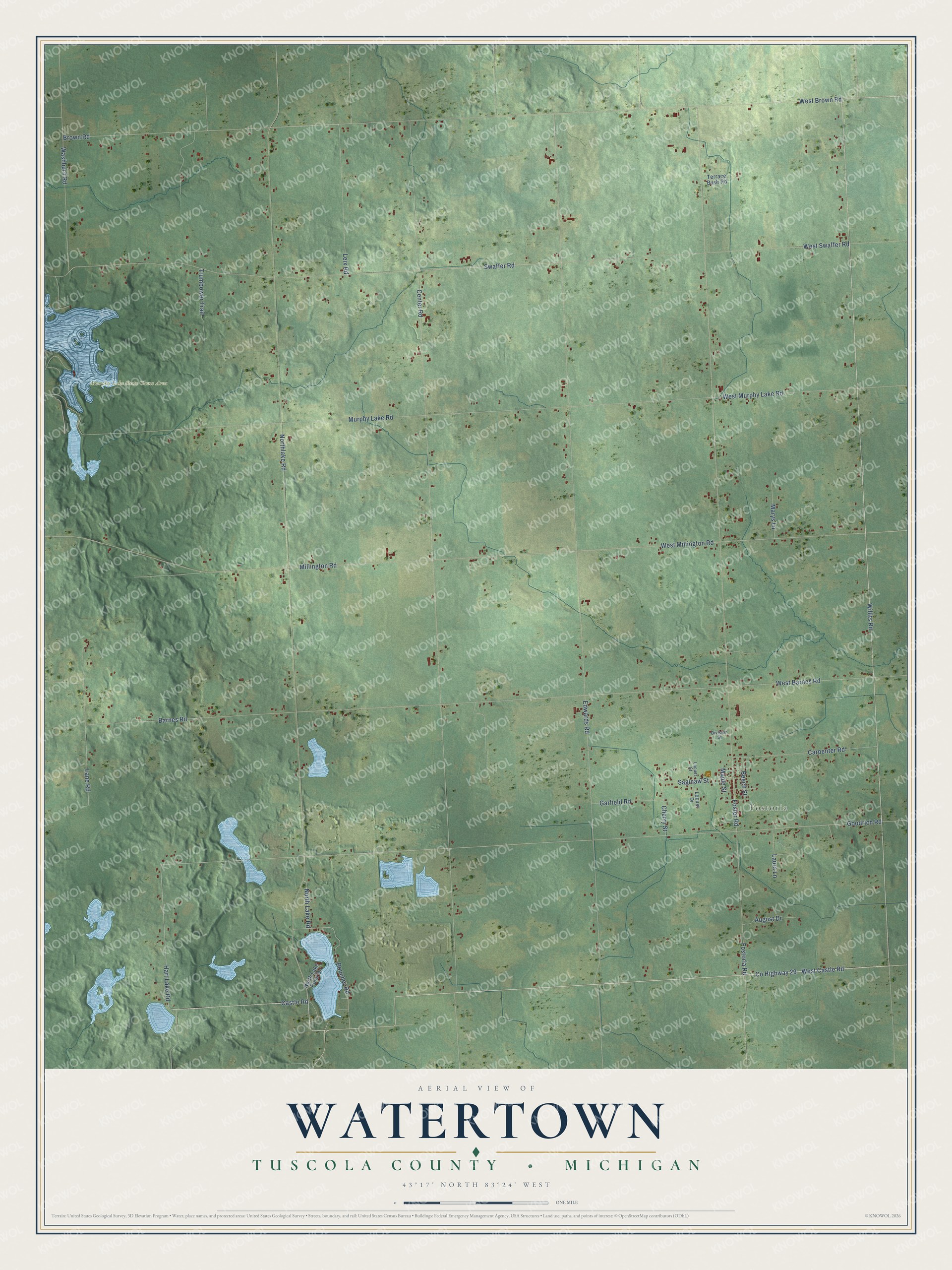 Full map of Watertown, Michigan, with red buildings, printed street names and the land around them