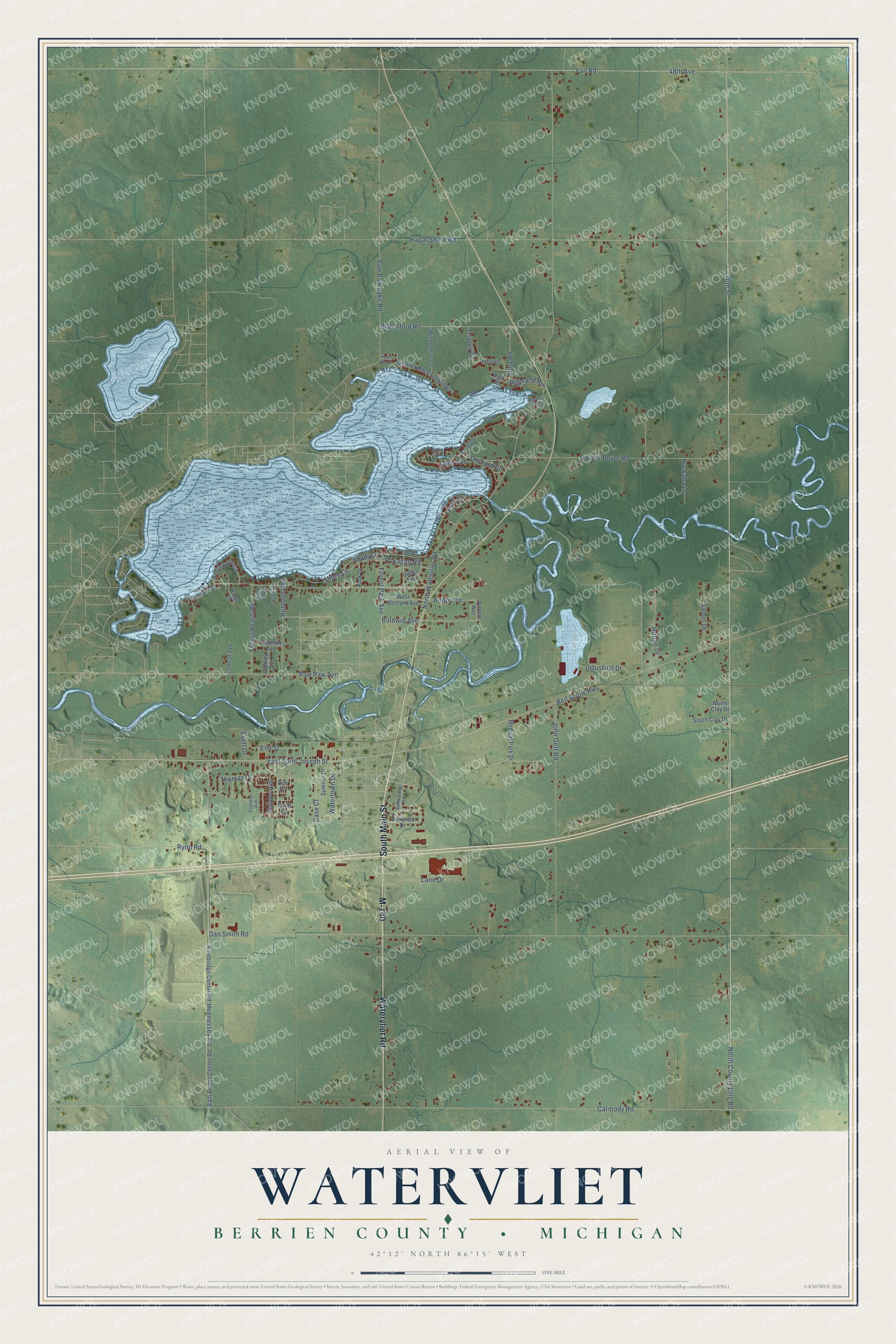 Full map of Watervliet, Michigan, with red buildings, printed street names and the land around them