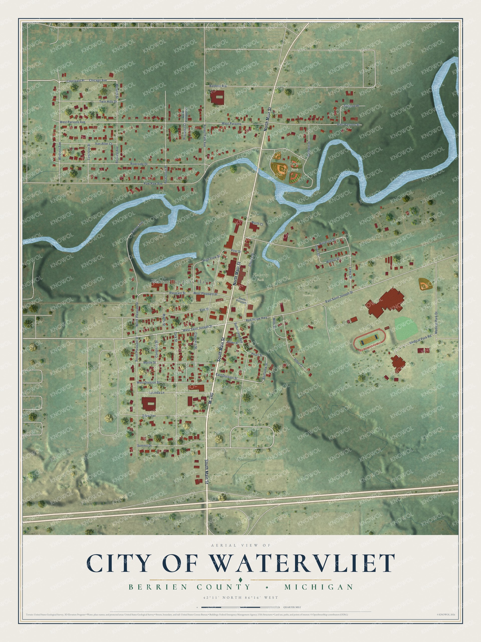 Full map of Watervliet, Michigan, with red buildings, printed street names and the land around them