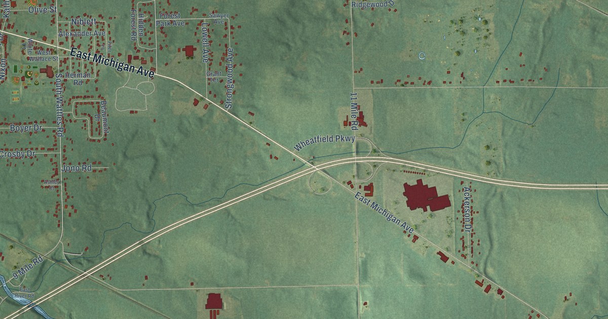 Close-up of streets and buildings in Wattles Park, Michigan