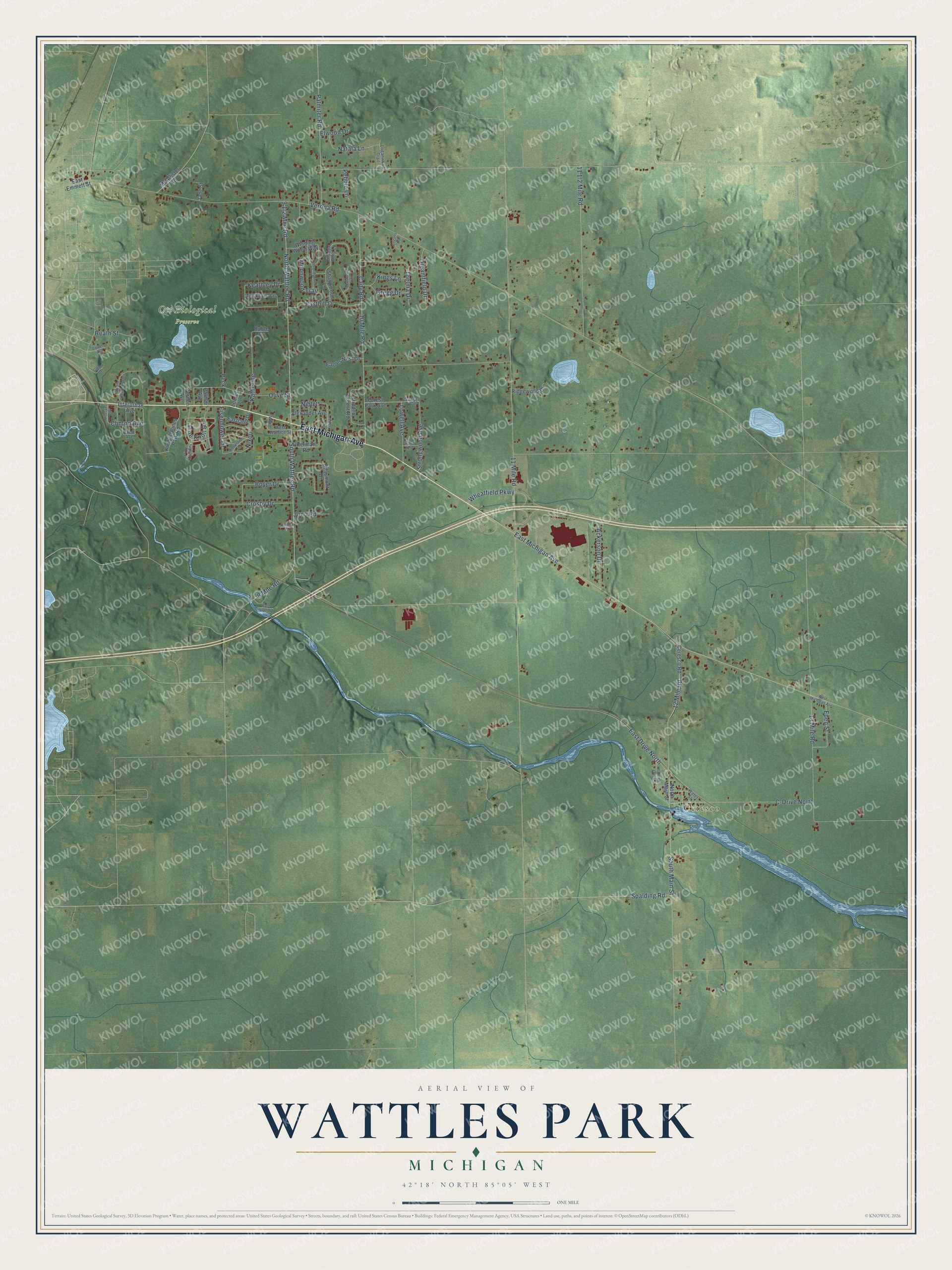 Full map of Wattles Park, Michigan, with red buildings, printed street names and the land around them