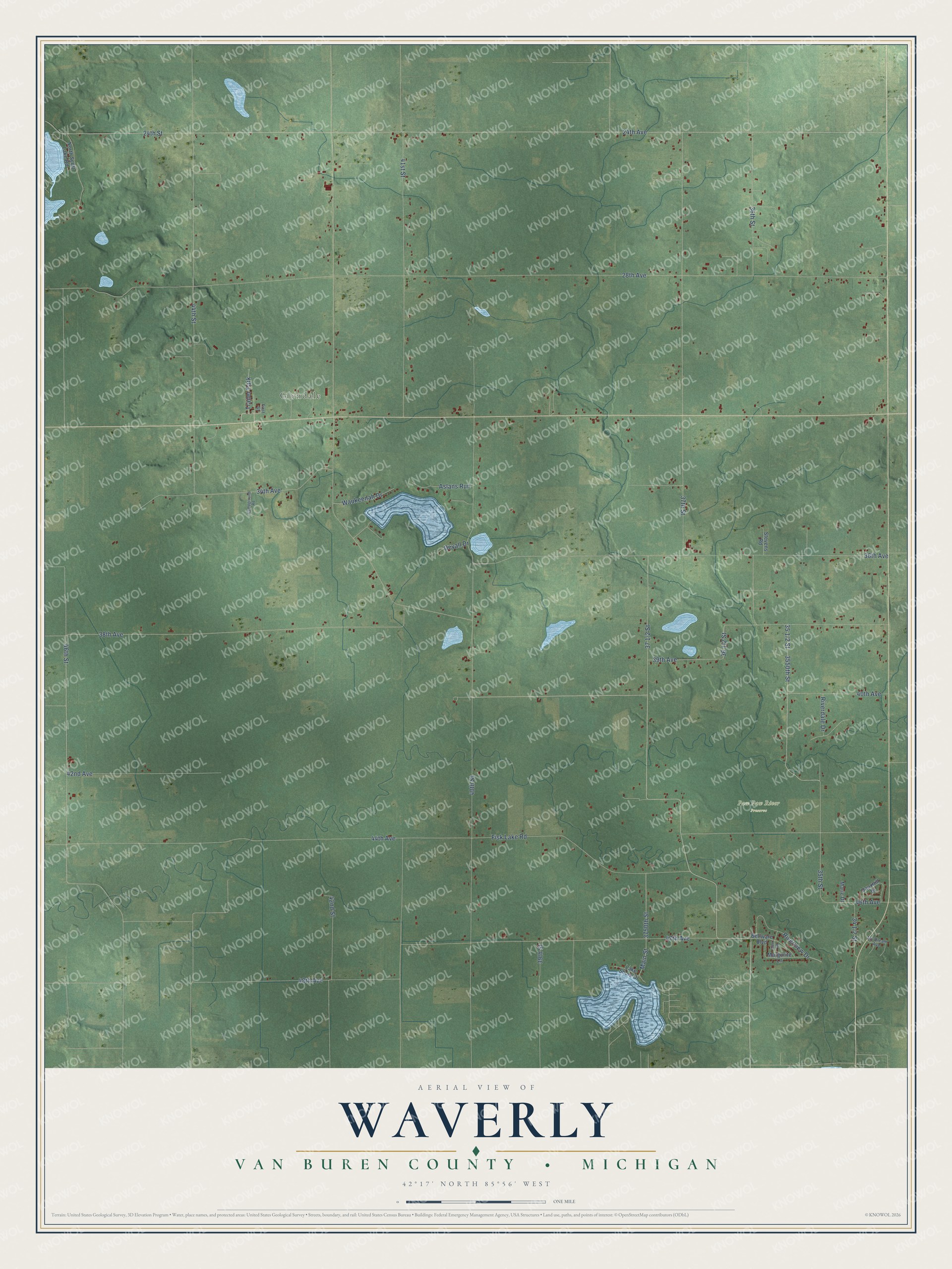 Full map of Waverly, Michigan, with red buildings, printed street names and the land around them