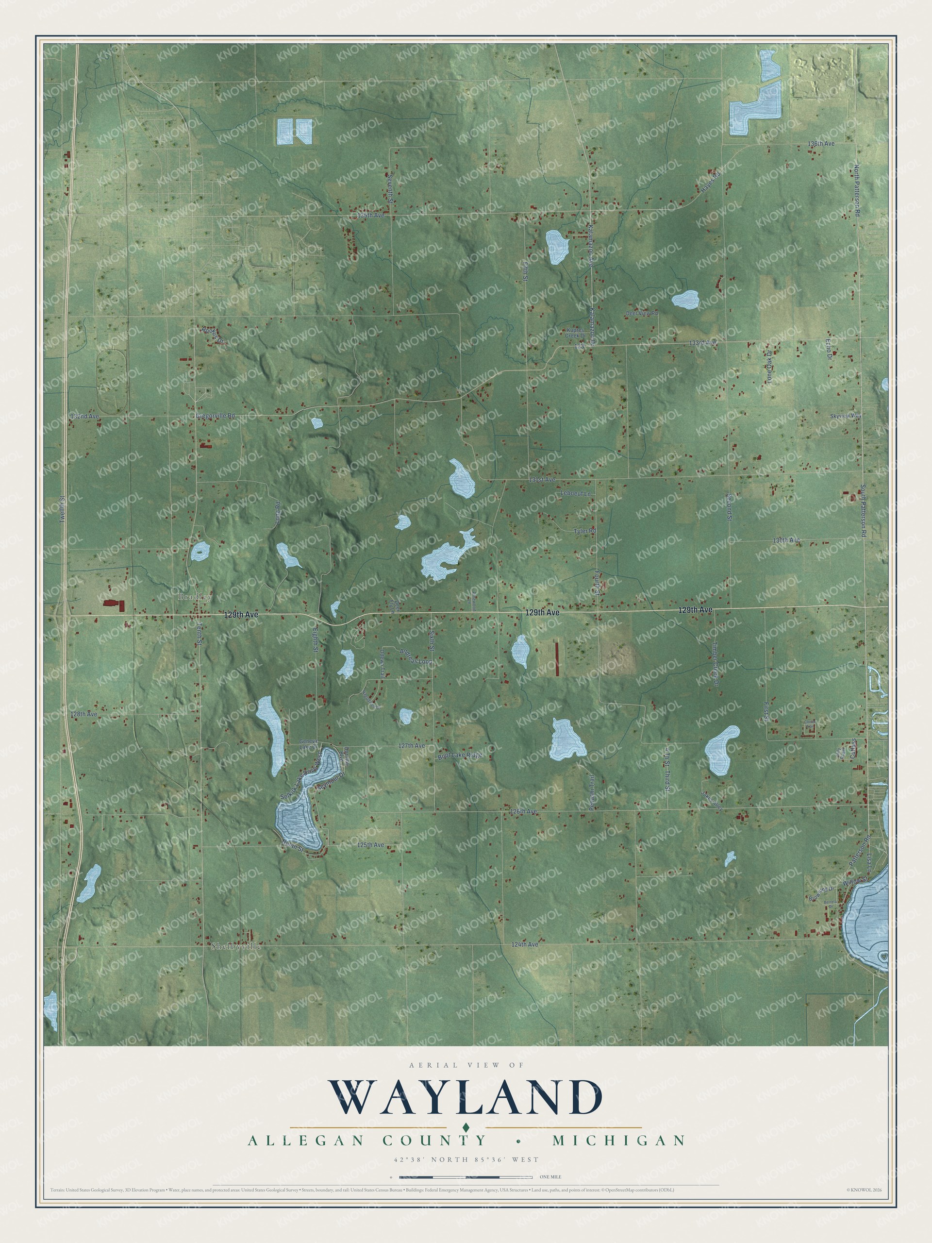 Full map of Wayland, Michigan, with red buildings, printed street names and the land around them