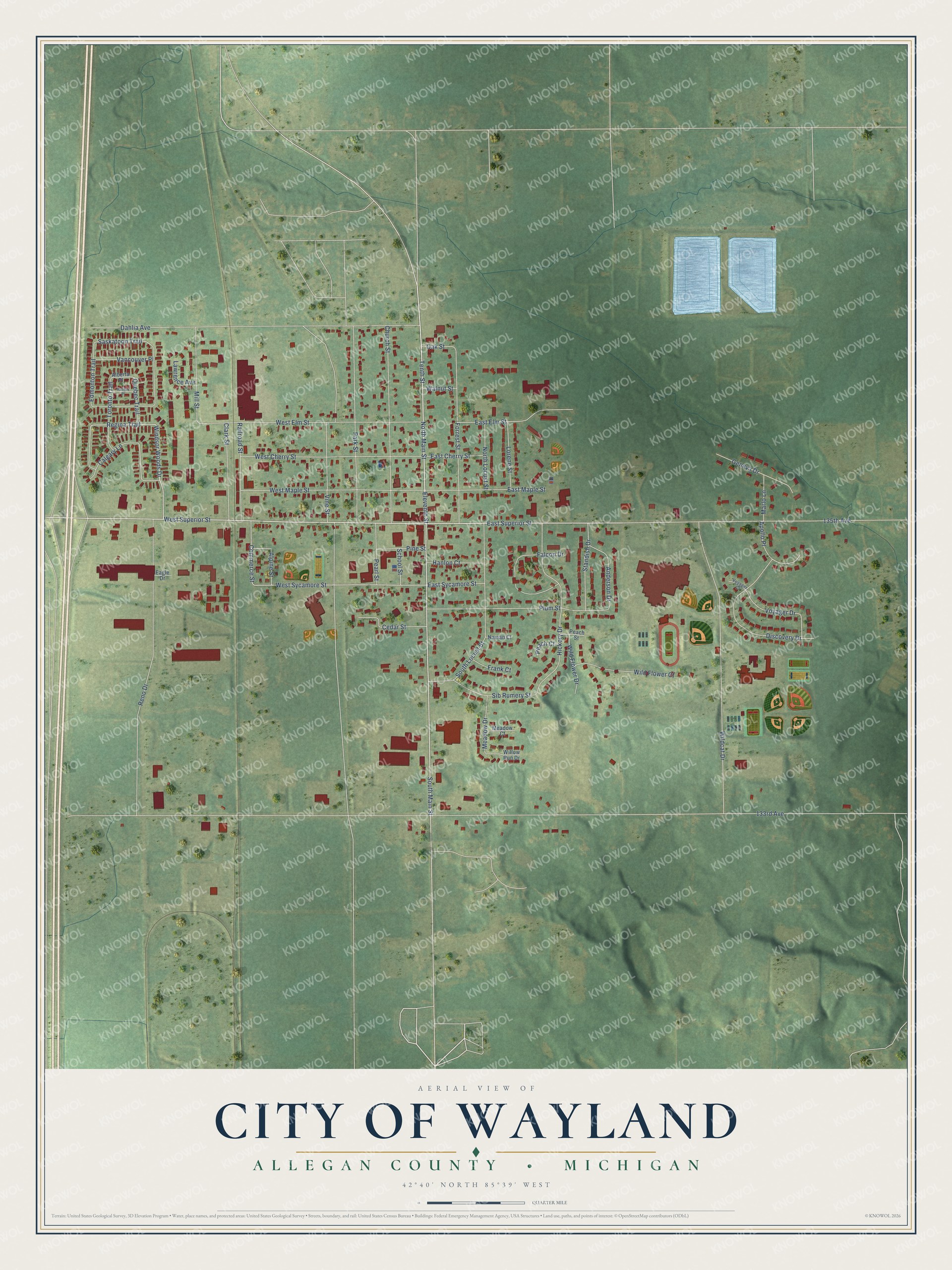 Full map of Wayland, Michigan, with red buildings, printed street names and the land around them