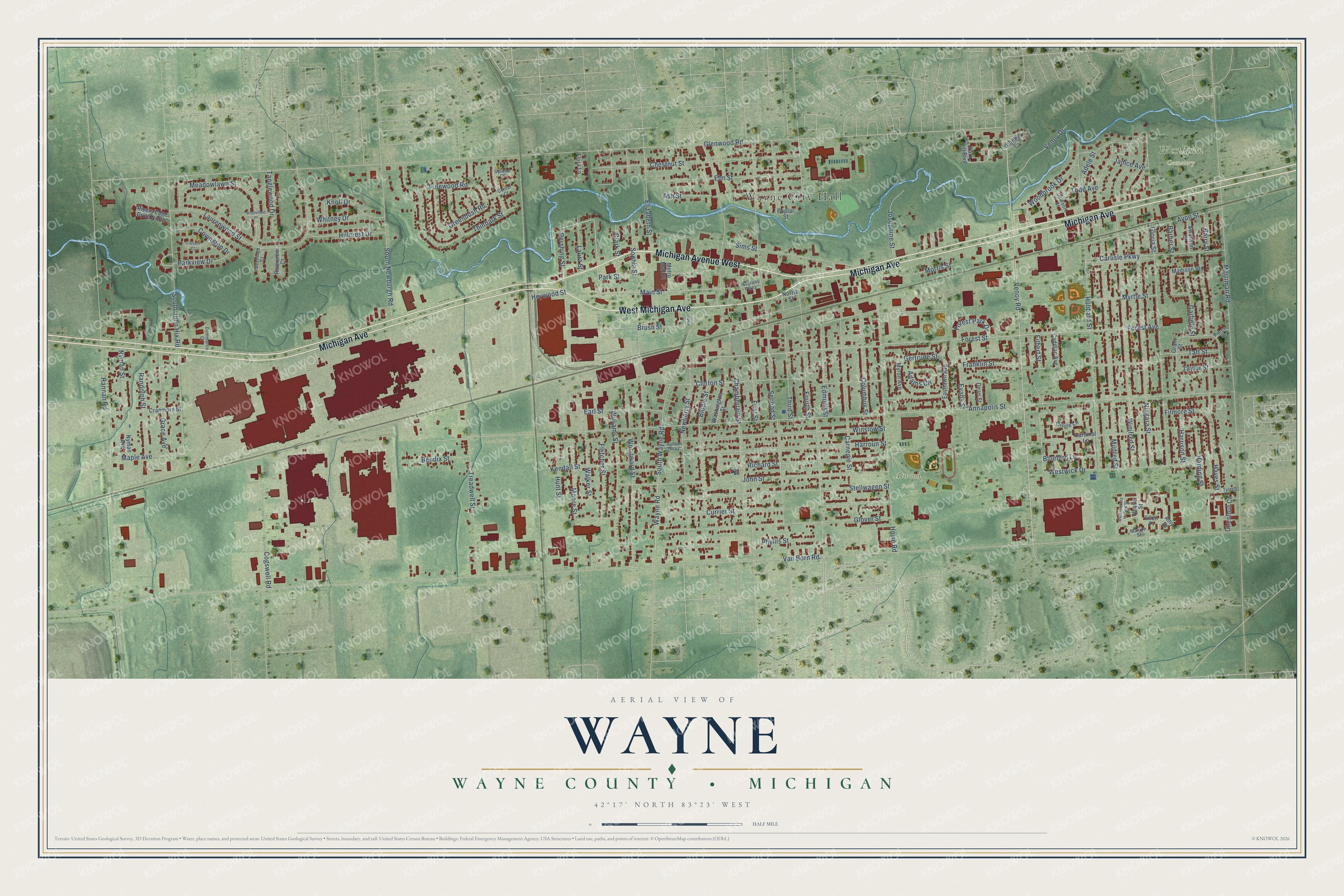 Full map of Wayne, Michigan, with red buildings, printed street names and the land around them