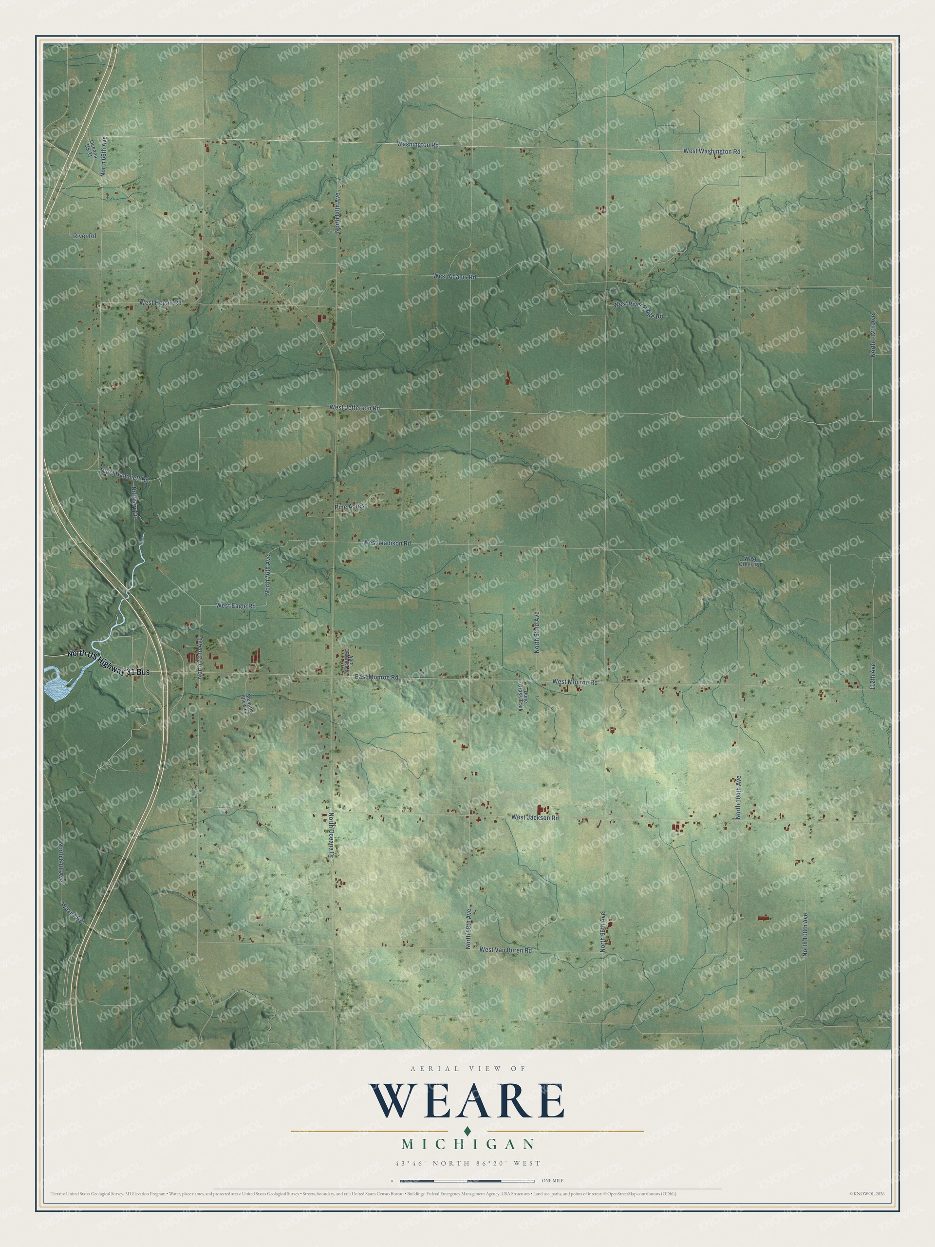 Full map of Weare, Michigan, with red buildings, printed street names and the land around them