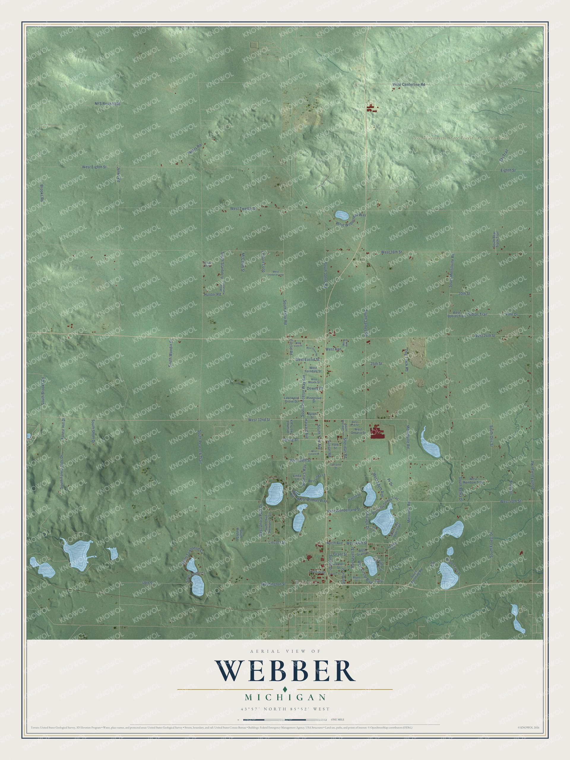 Full map of Webber, Michigan, with red buildings, printed street names and the land around them