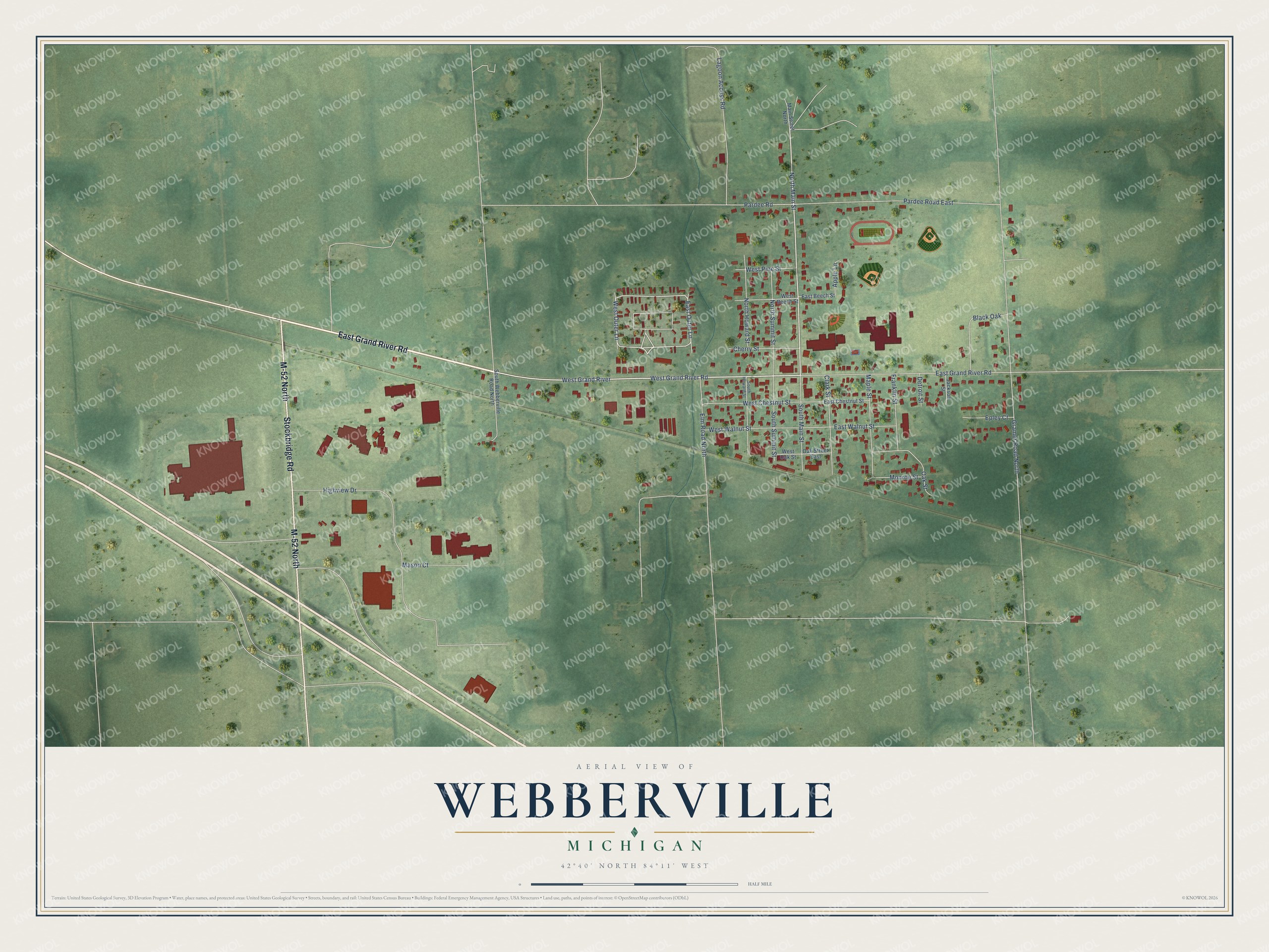 Full map of Webberville, Michigan, with red buildings, printed street names and the land around them