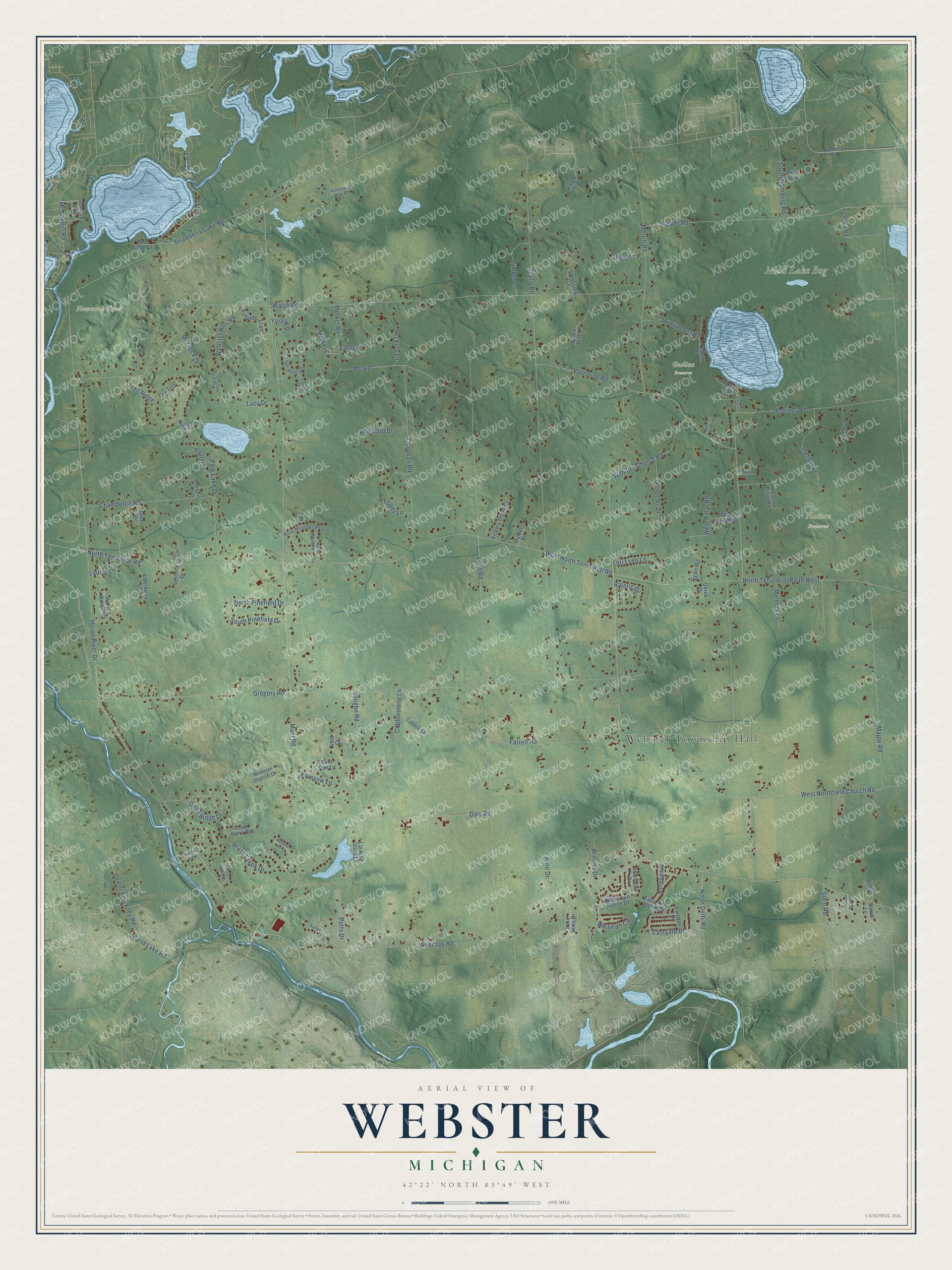 Full map of Webster, Michigan, with red buildings, printed street names and the land around them