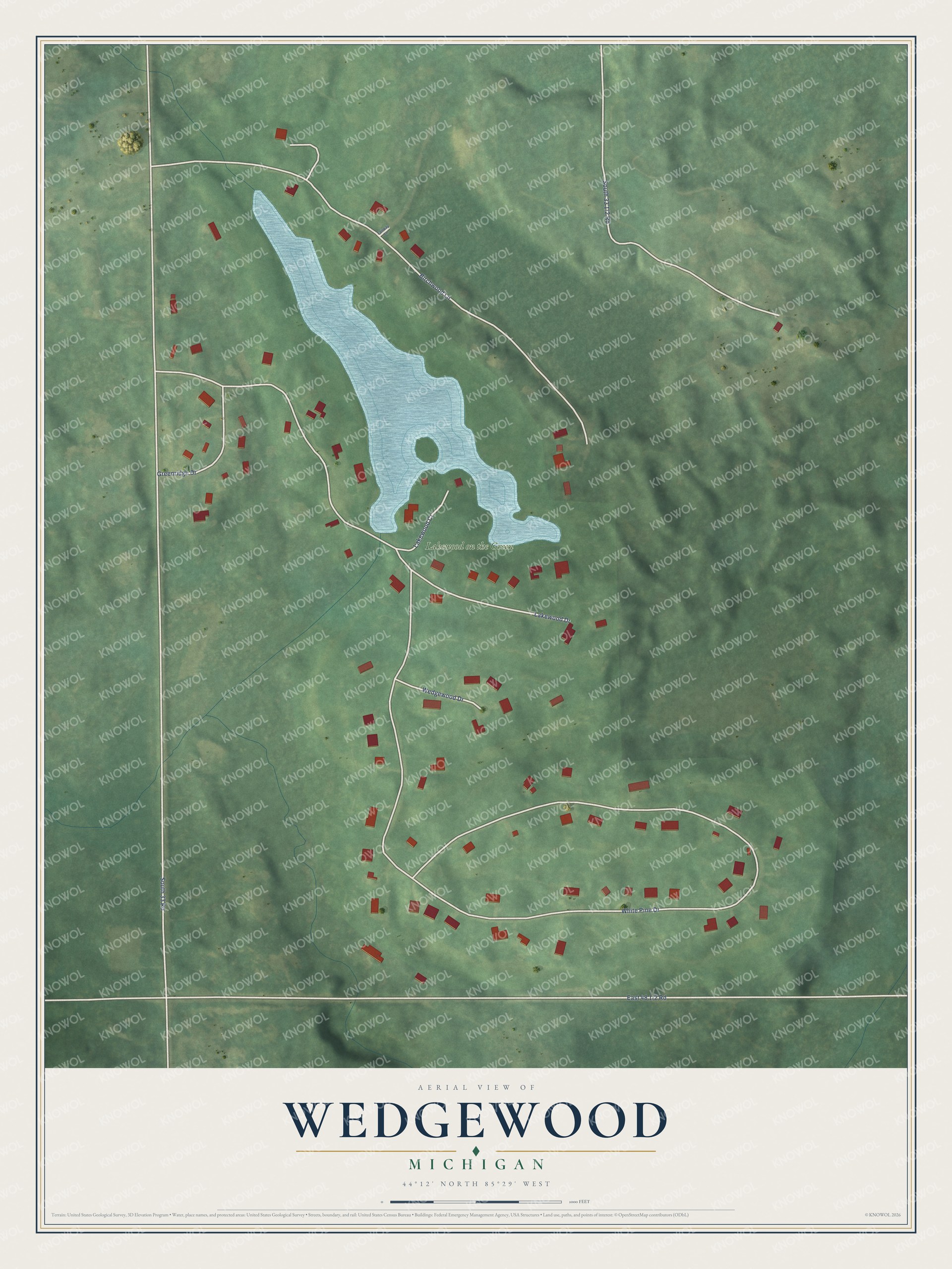 Full map of Wedgewood, Michigan, with red buildings, printed street names and the land around them