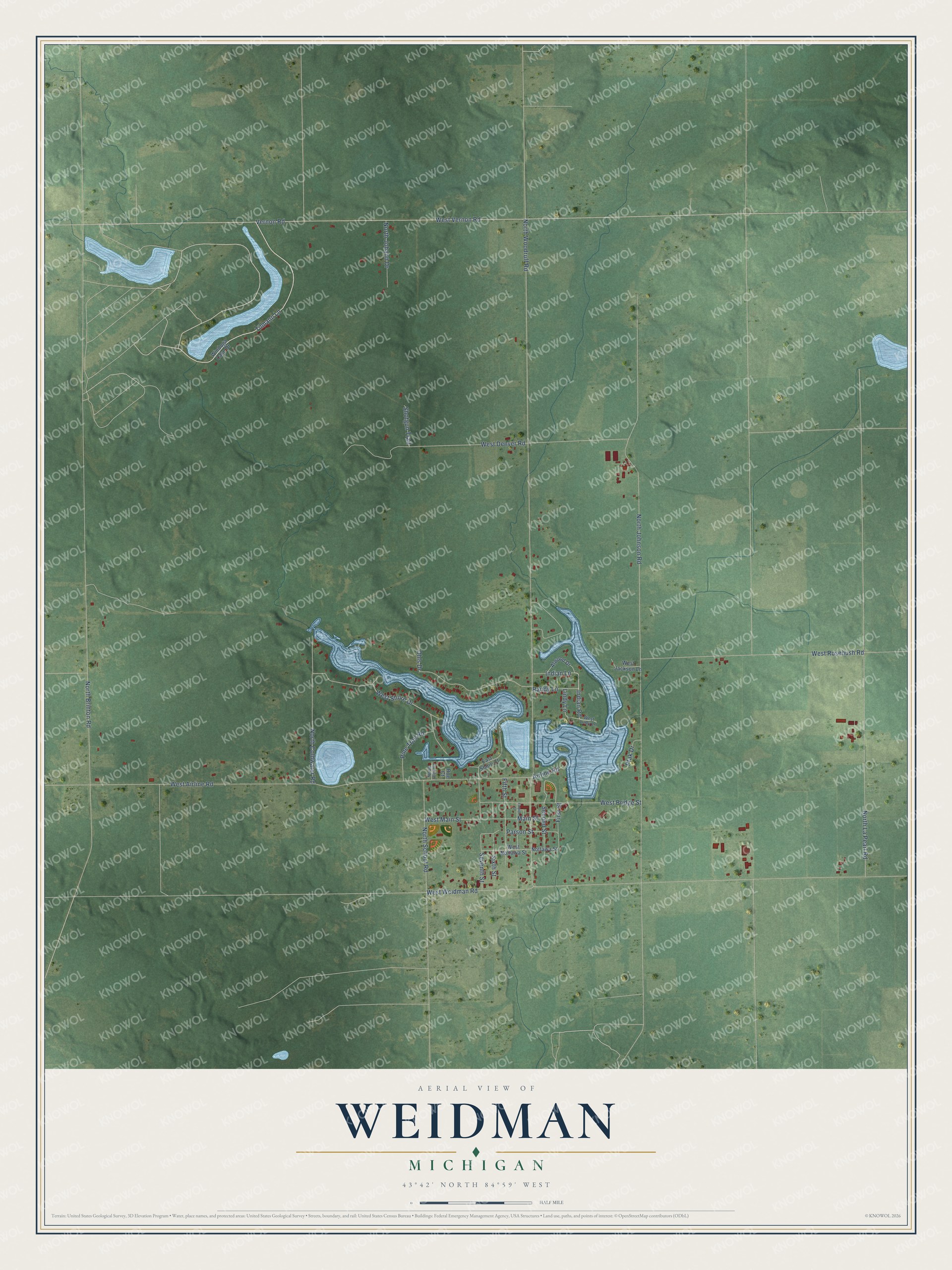 Full map of Weidman, Michigan, with red buildings, printed street names and the land around them