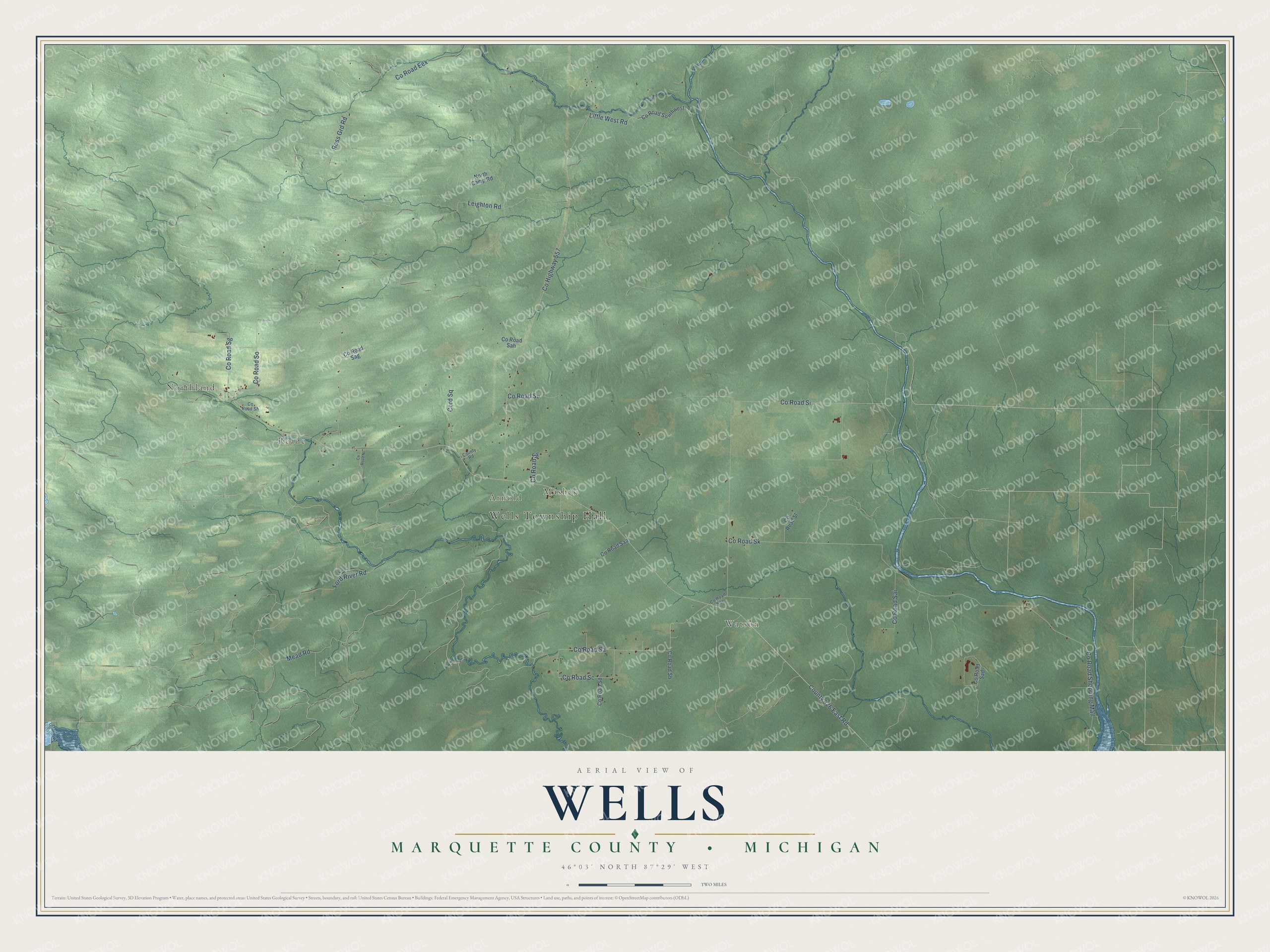 Full map of Wells, Michigan, with red buildings, printed street names and the land around them