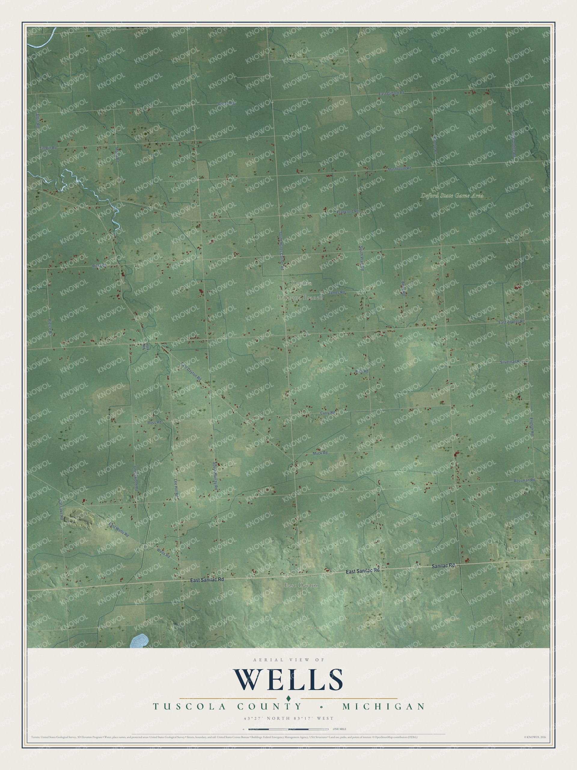 Full map of Wells, Michigan, with red buildings, printed street names and the land around them