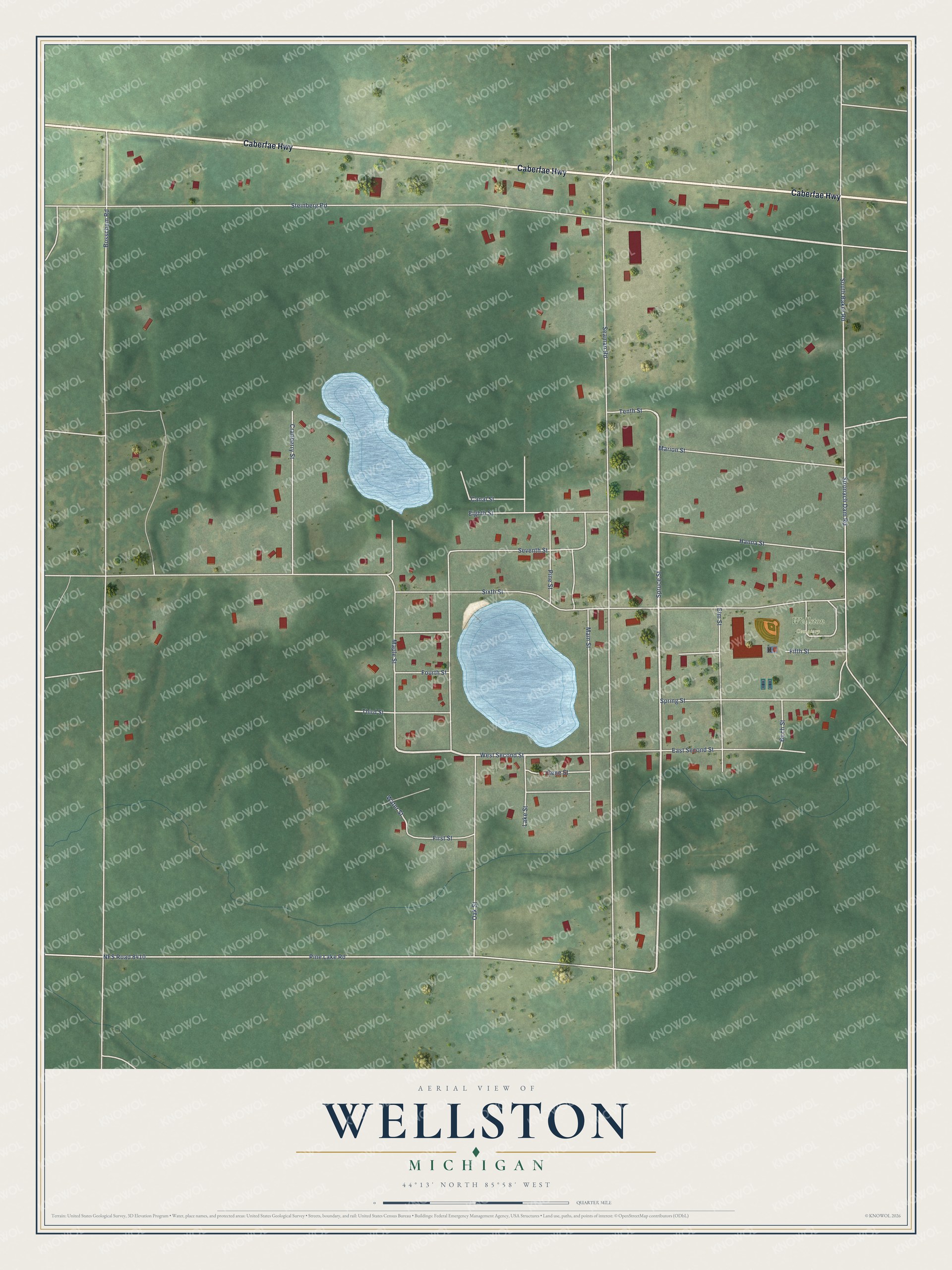 Full map of Wellston, Michigan, with red buildings, printed street names and the land around them