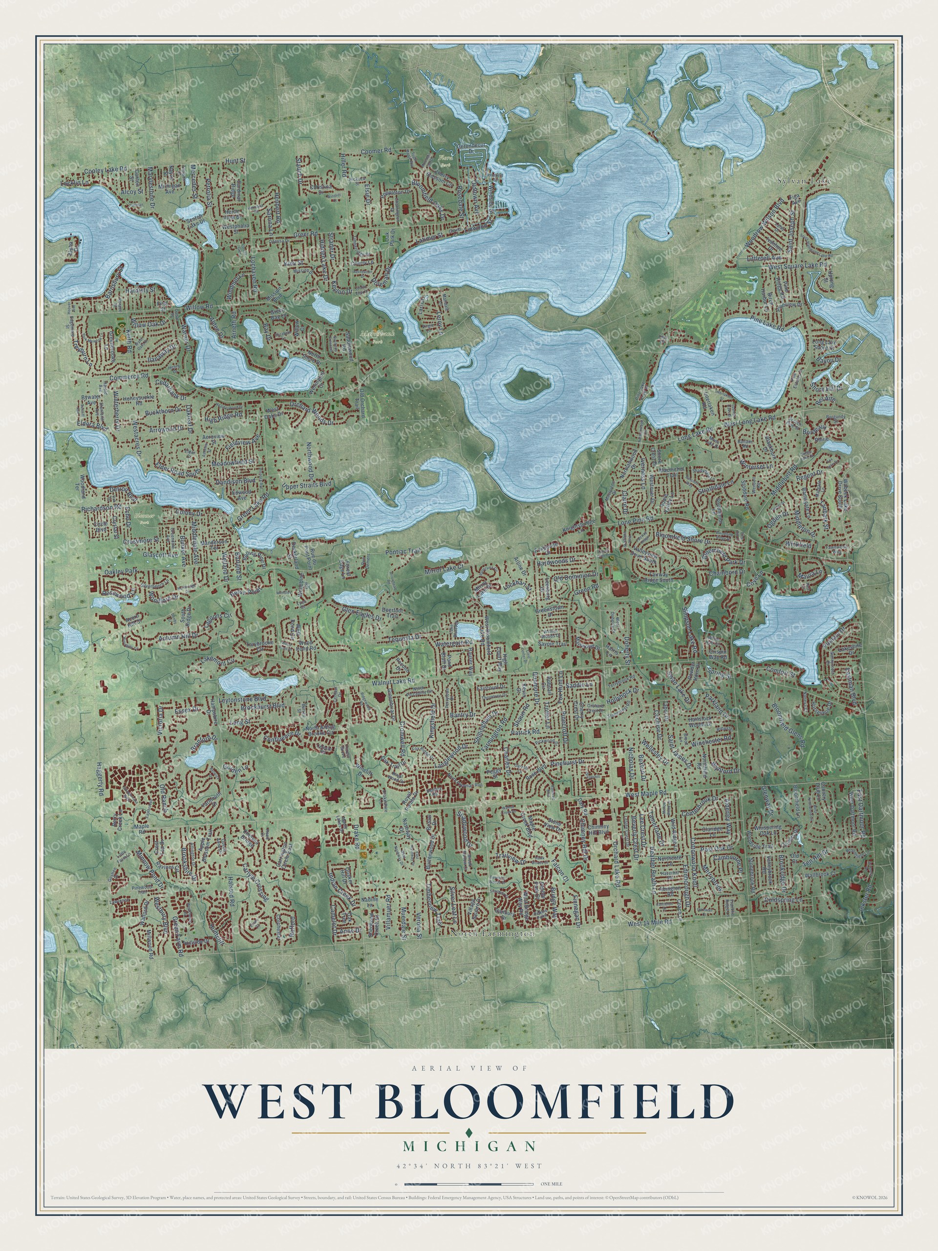 Full map of West Bloomfield, Michigan, with red buildings, printed street names and the land around them