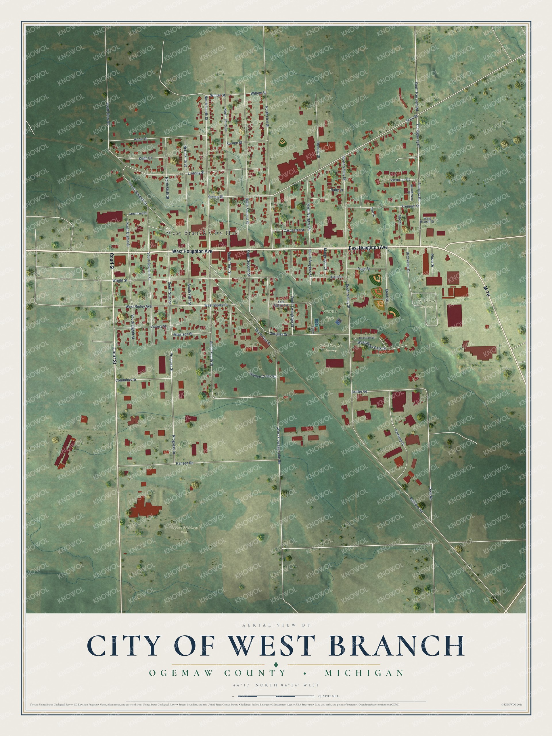 Full map of West Branch, Michigan, with red buildings, printed street names and the land around them