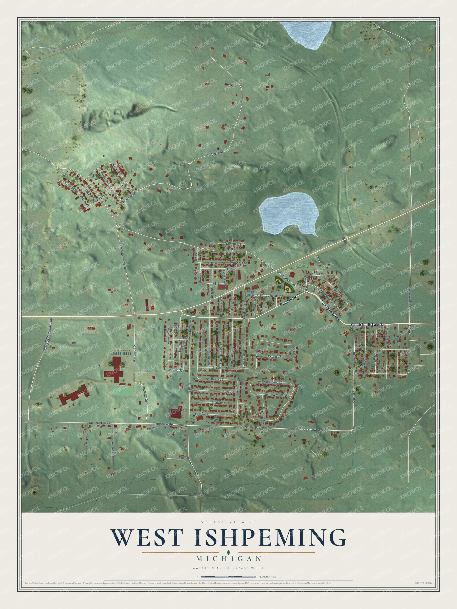 Full map of West Ishpeming, Michigan, with red buildings, printed street names and the land around them
