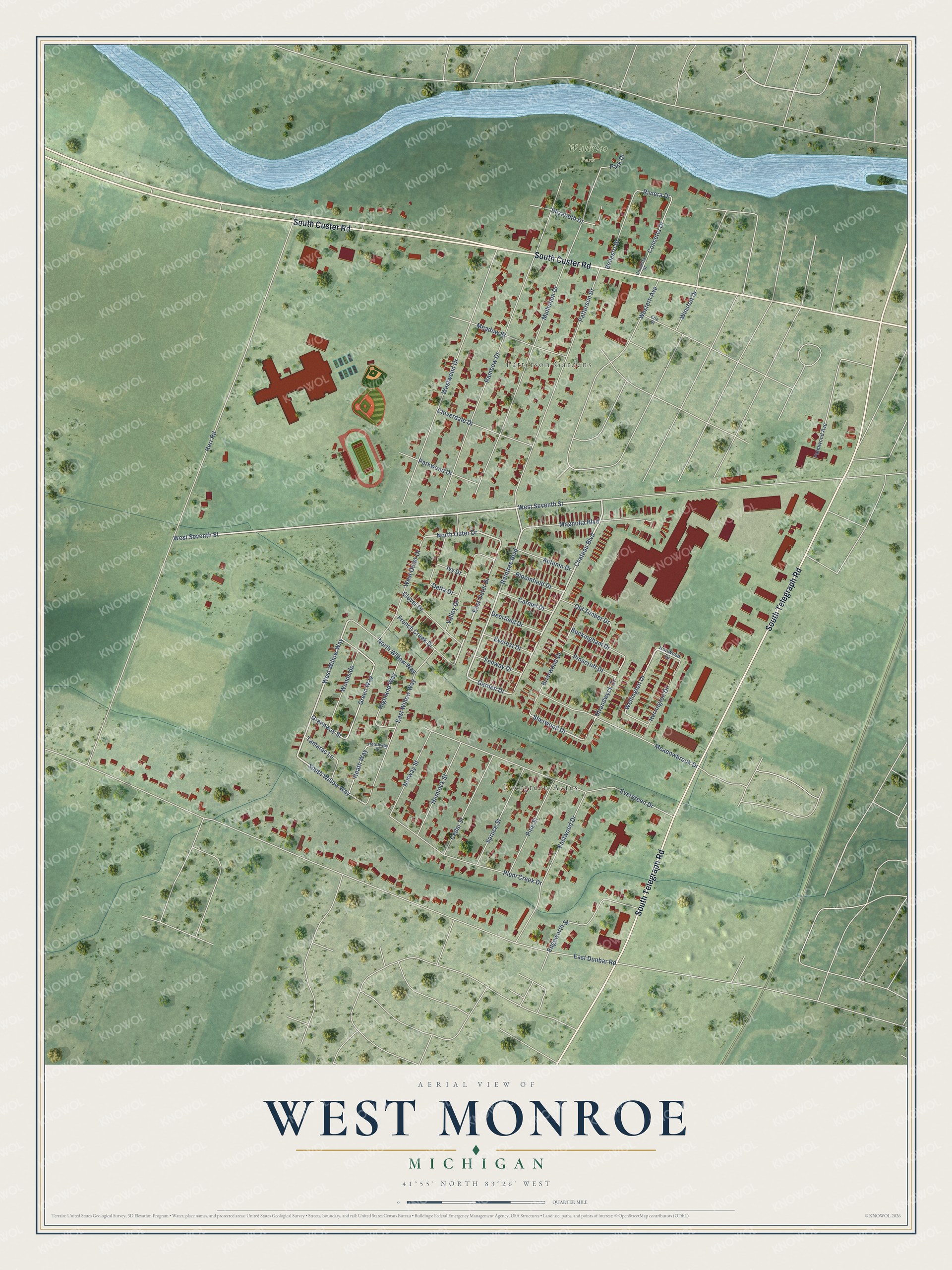 Full map of West Monroe, Michigan, with red buildings, printed street names and the land around them