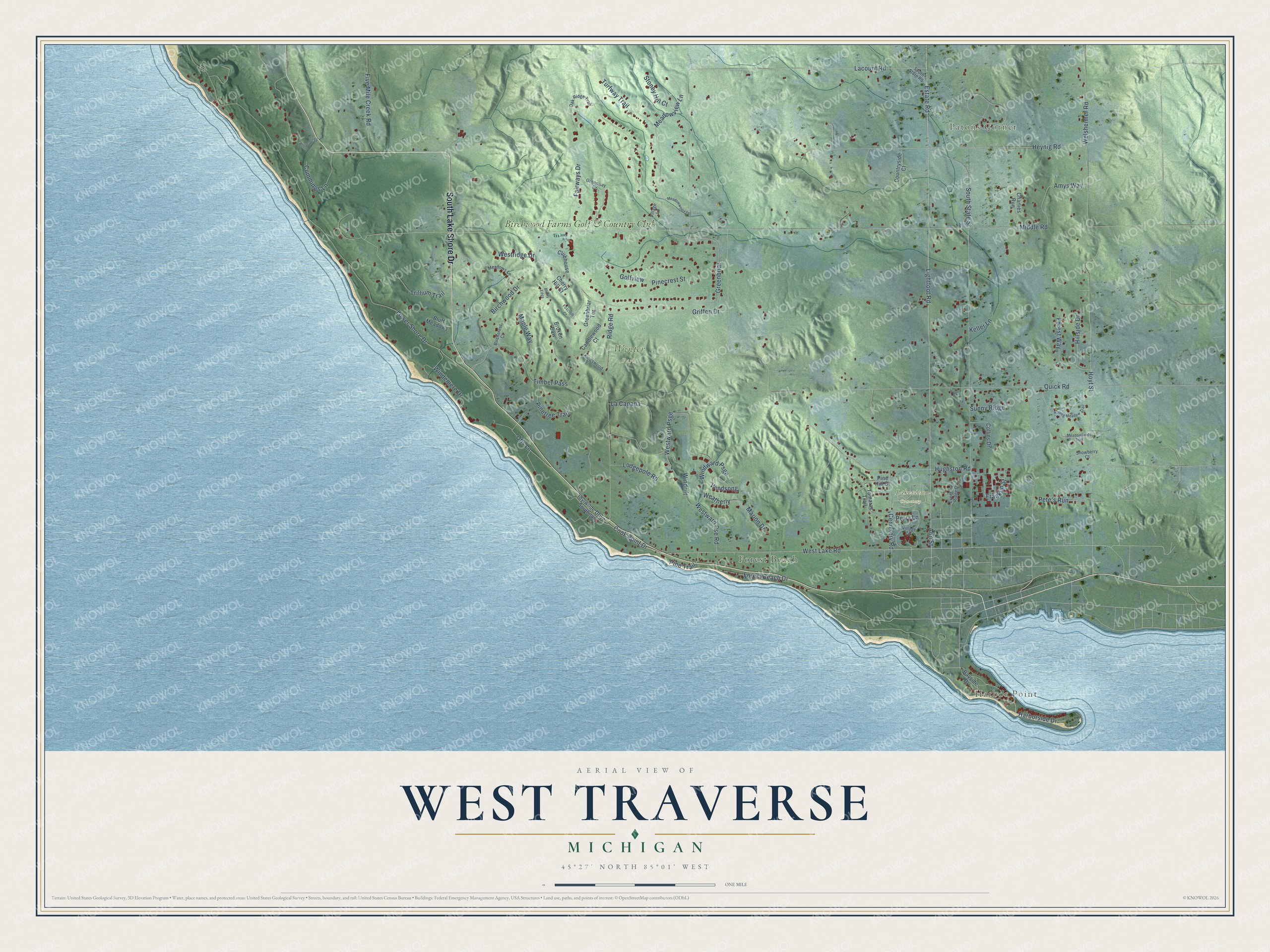 Full map of West Traverse, Michigan, with red buildings, printed street names and the land around them