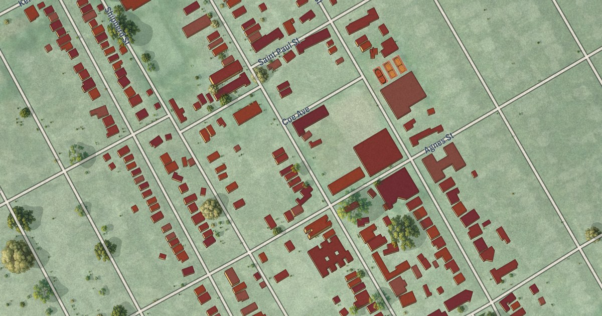 Close-up of streets and buildings in West Village, Michigan