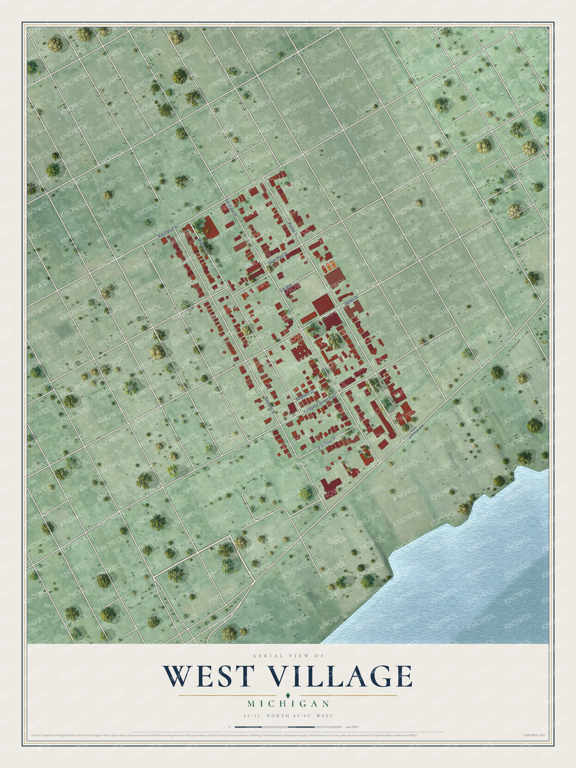 Full map of West Village, Michigan, with red buildings, printed street names and the land around them