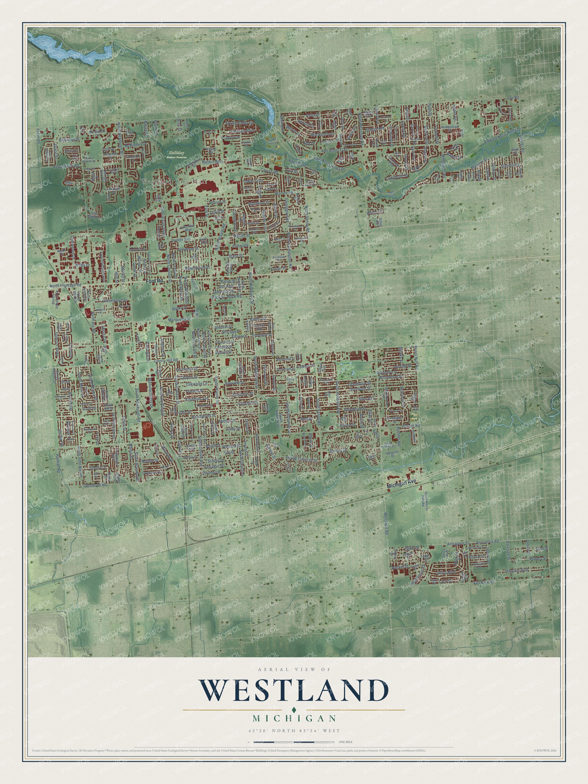 Full map of Westland, Michigan, with red buildings, printed street names and the land around them