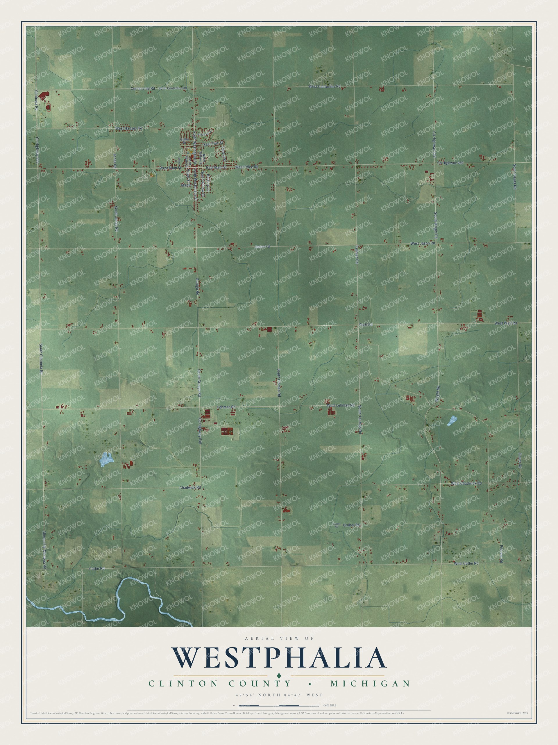 Full map of Westphalia, Michigan, with red buildings, printed street names and the land around them