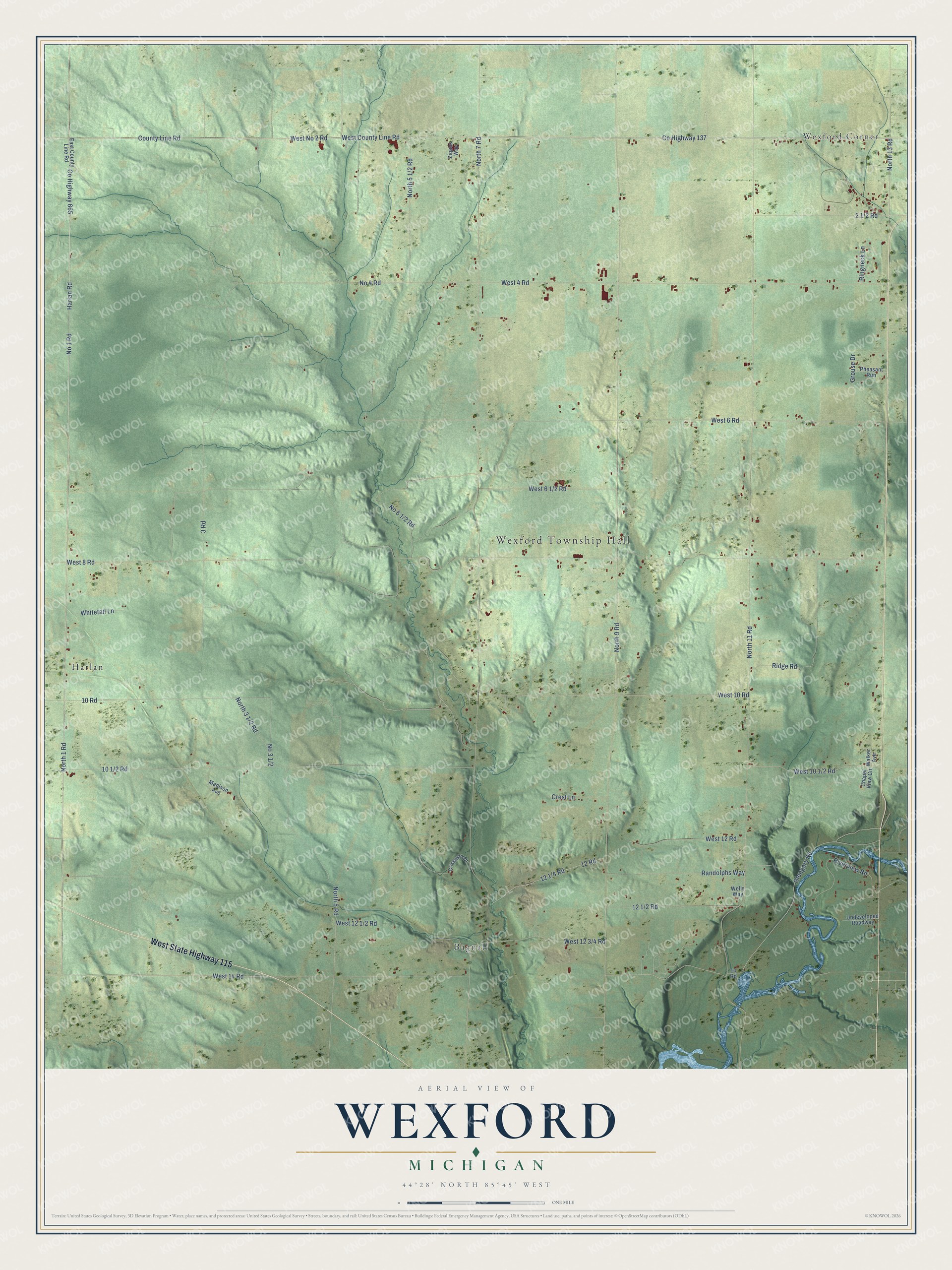Full map of Wexford, Michigan, with red buildings, printed street names and the land around them