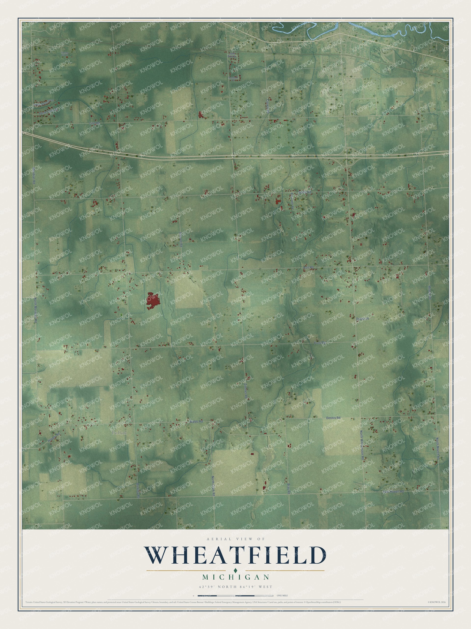 Full map of Wheatfield, Michigan, with red buildings, printed street names and the land around them