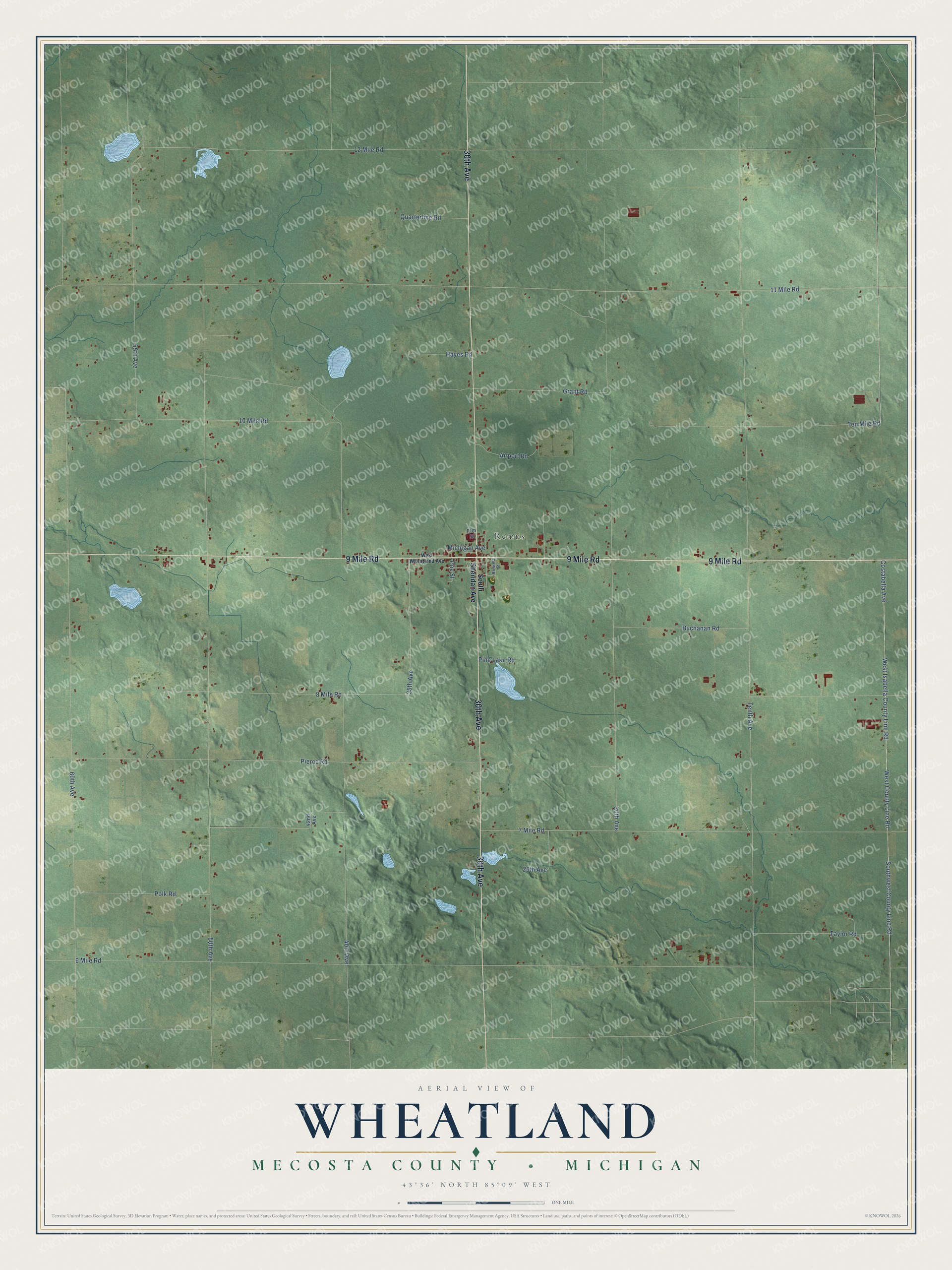 Full map of Wheatland, Michigan, with red buildings, printed street names and the land around them
