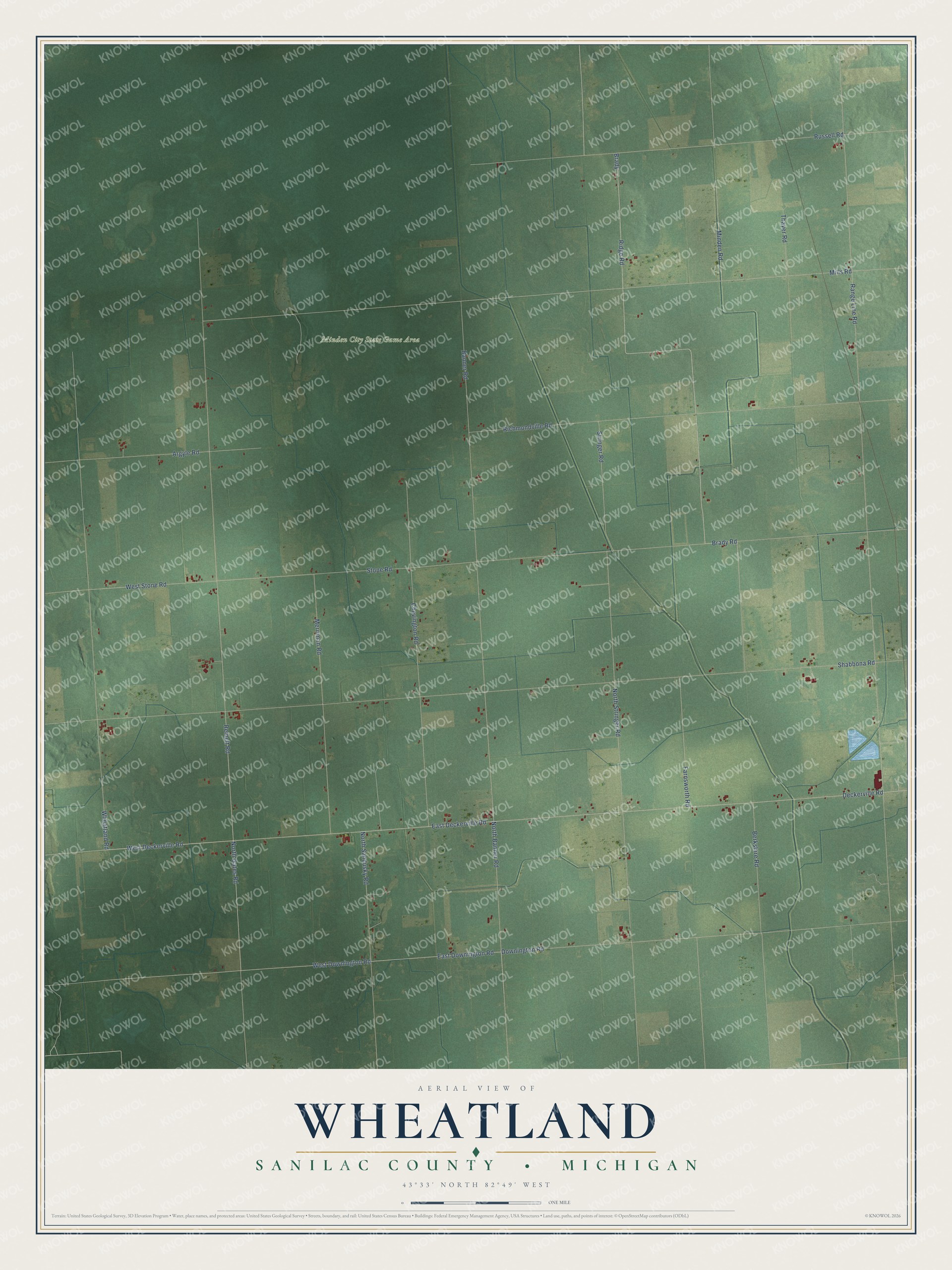 Full map of Wheatland, Michigan, with red buildings, printed street names and the land around them