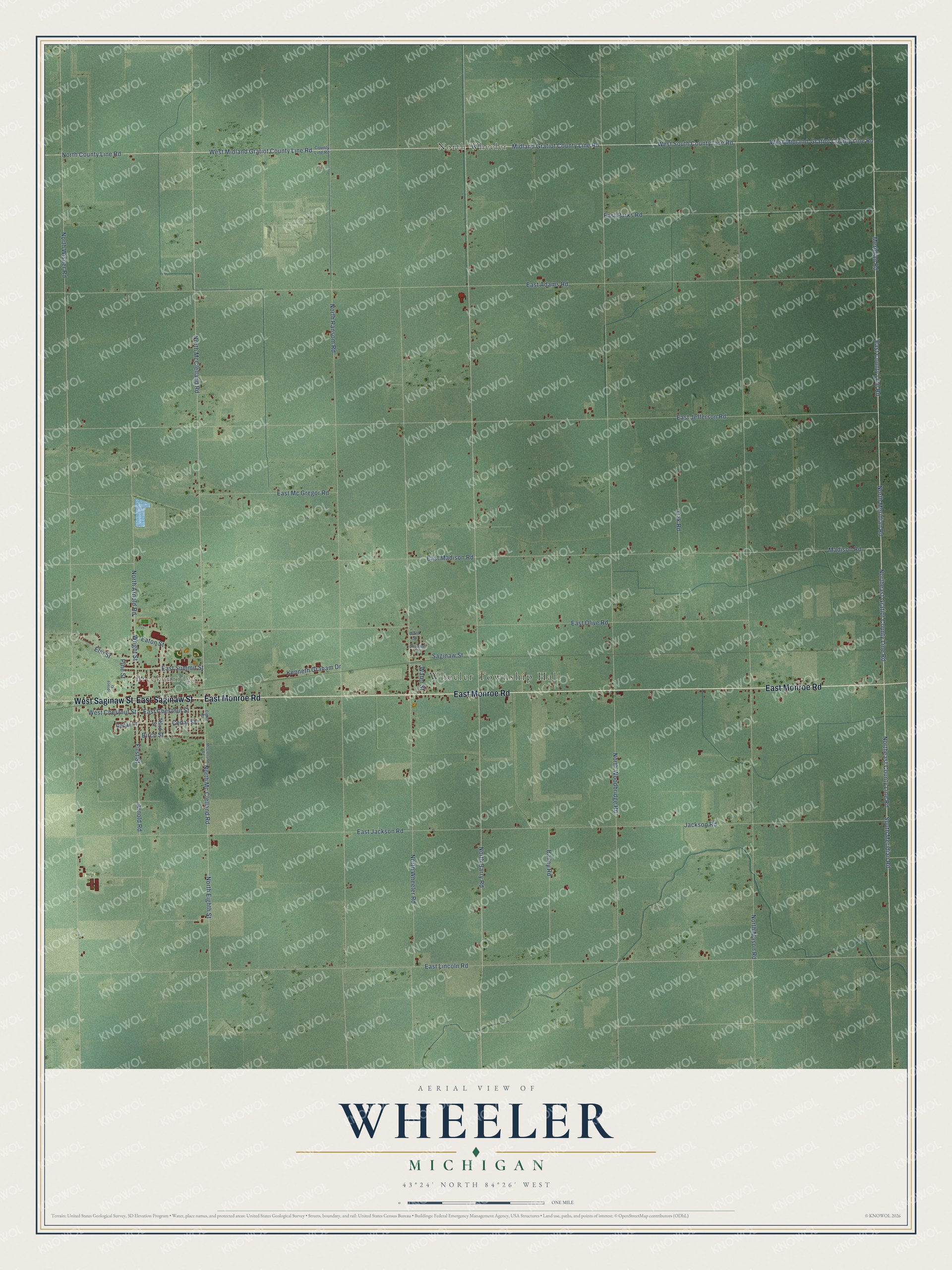 Full map of Wheeler, Michigan, with red buildings, printed street names and the land around them