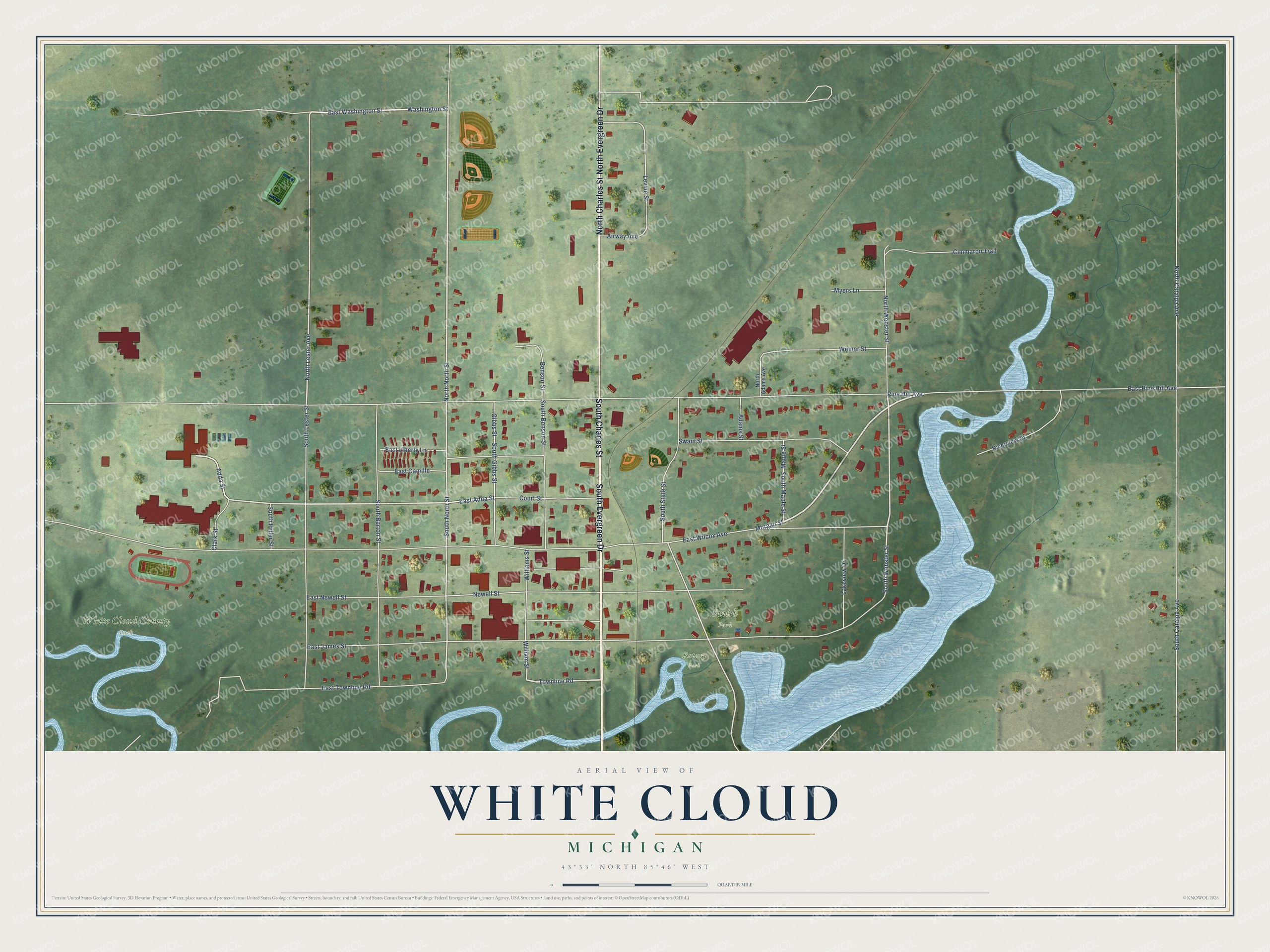 Full map of White Cloud, Michigan, with red buildings, printed street names and the land around them