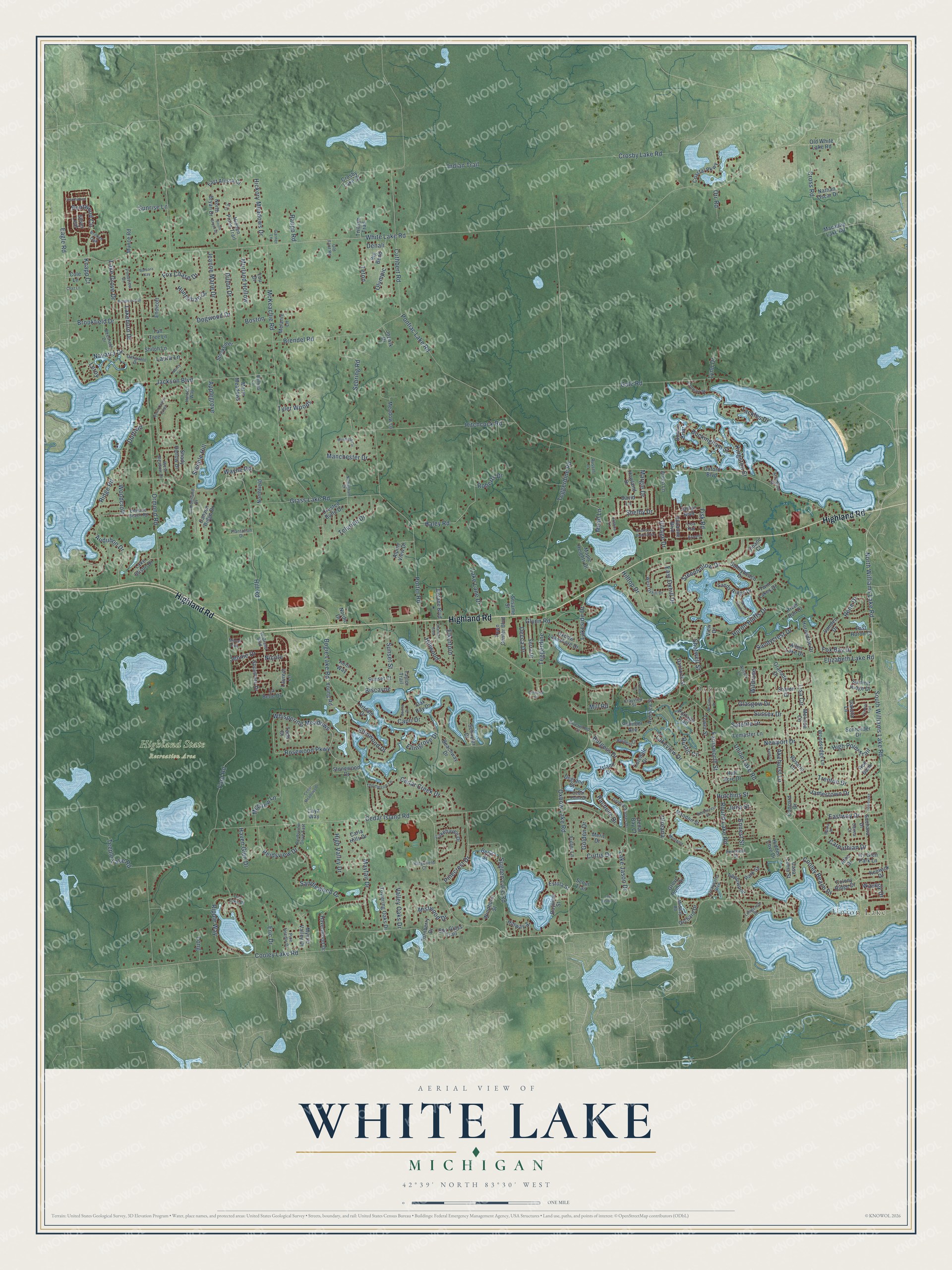Full map of White Lake, Michigan, with red buildings, printed street names and the land around them
