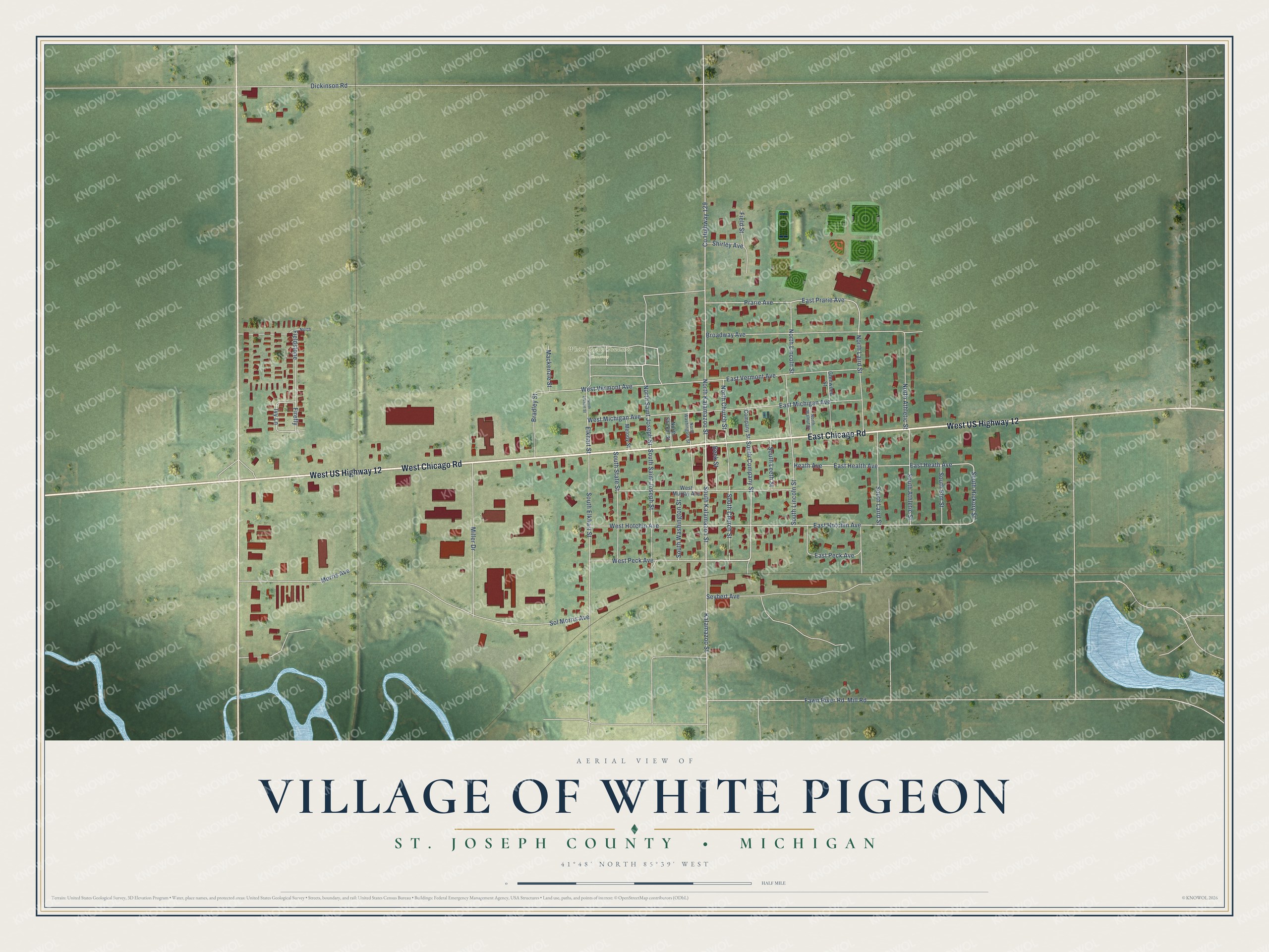 Full map of White Pigeon, Michigan, with red buildings, printed street names and the land around them