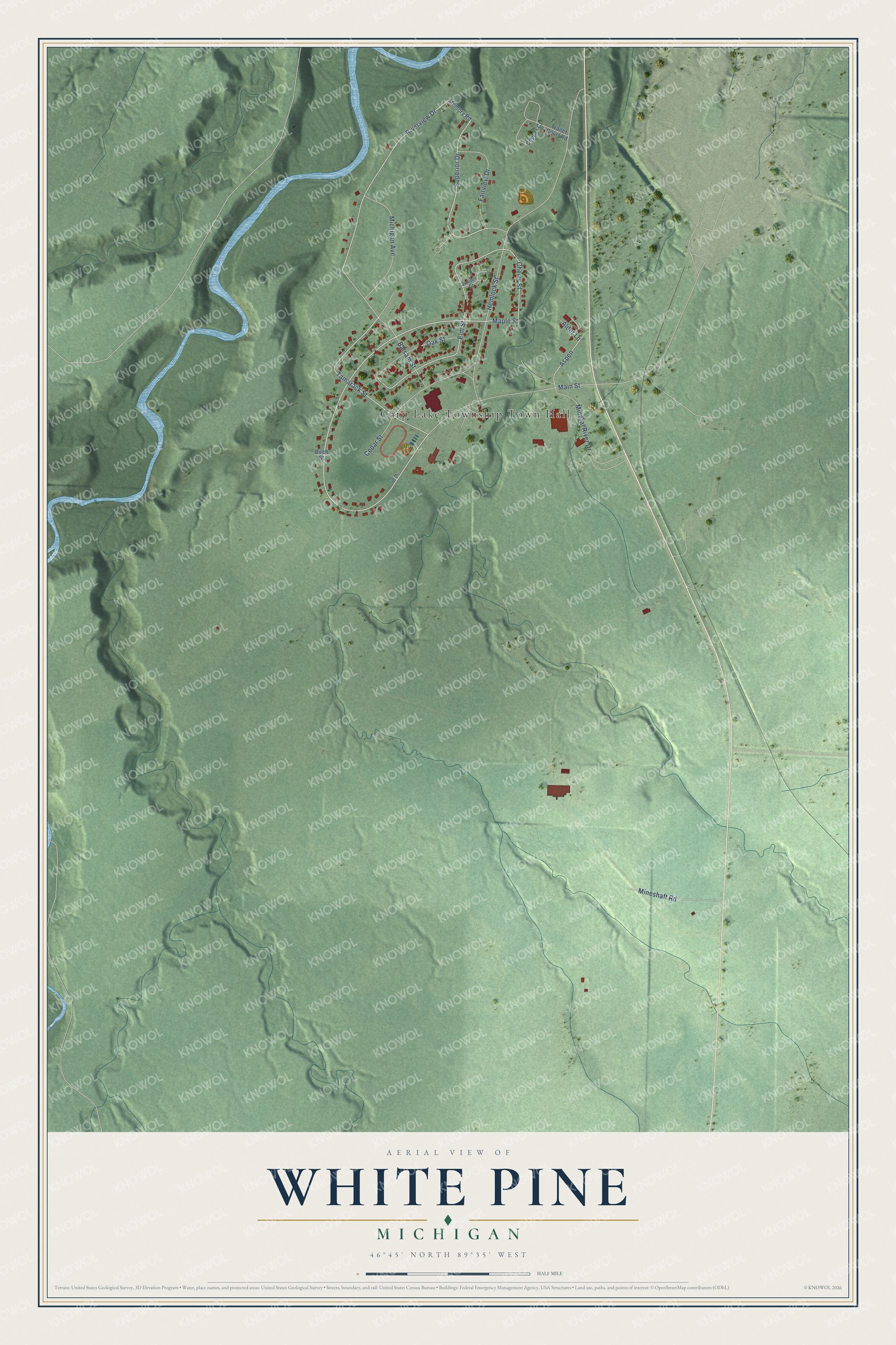 Full map of White Pine, Michigan, with red buildings, printed street names and the land around them