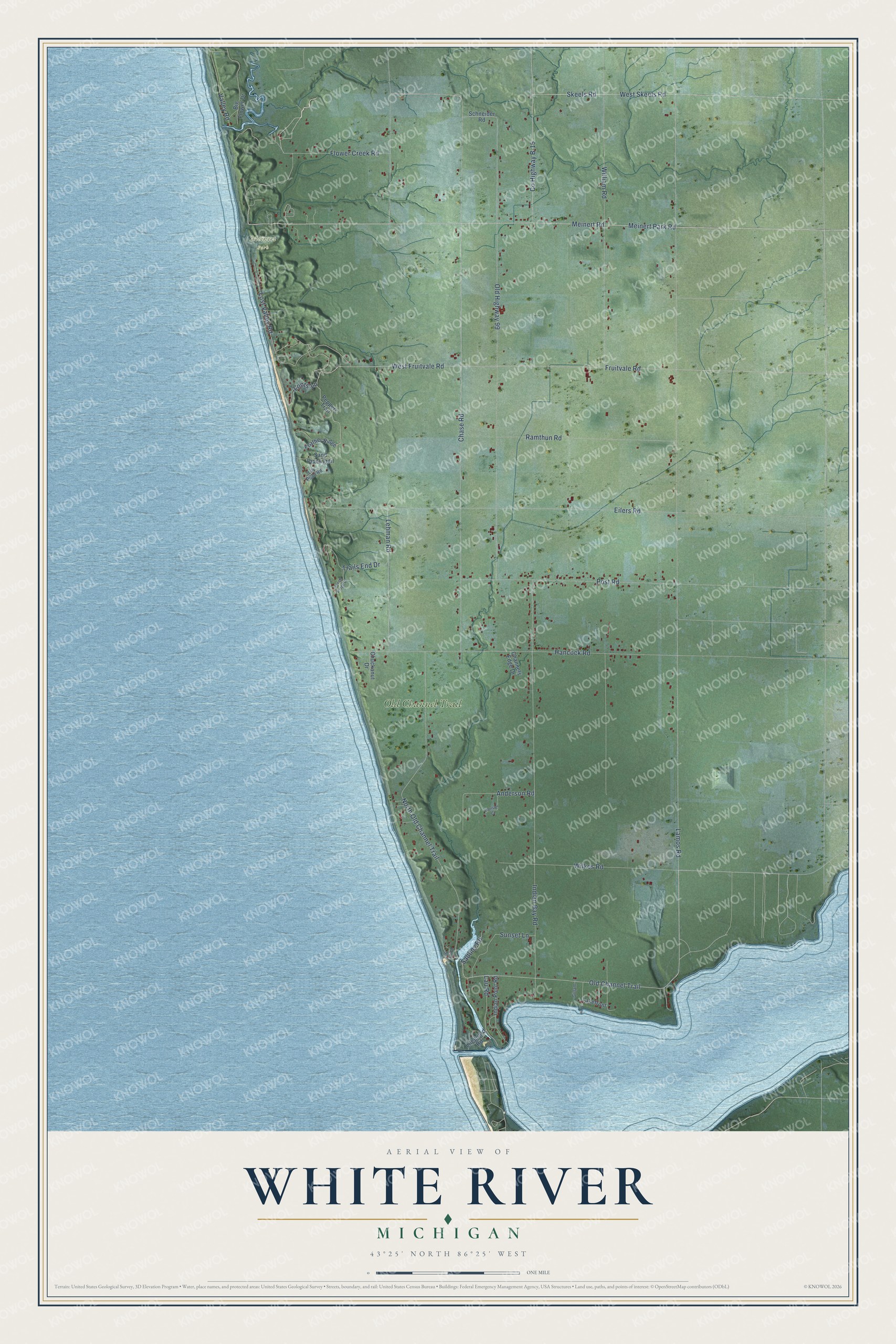 Full map of White River, Michigan, with red buildings, printed street names and the land around them