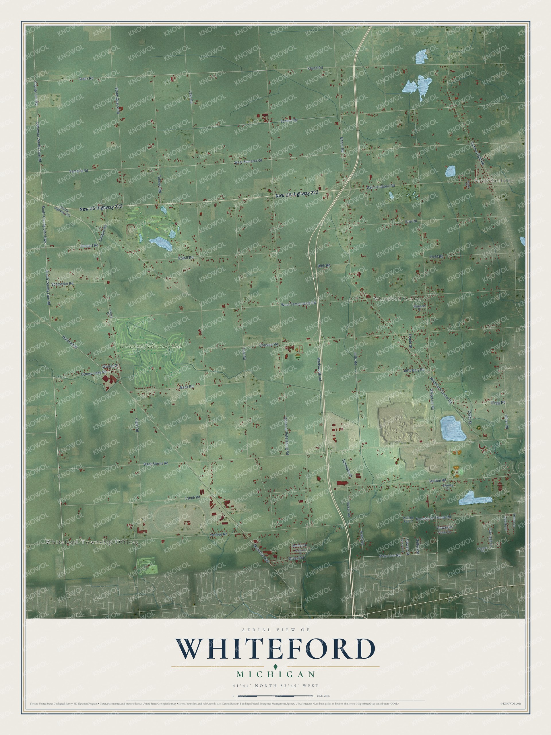 Full map of Whiteford, Michigan, with red buildings, printed street names and the land around them