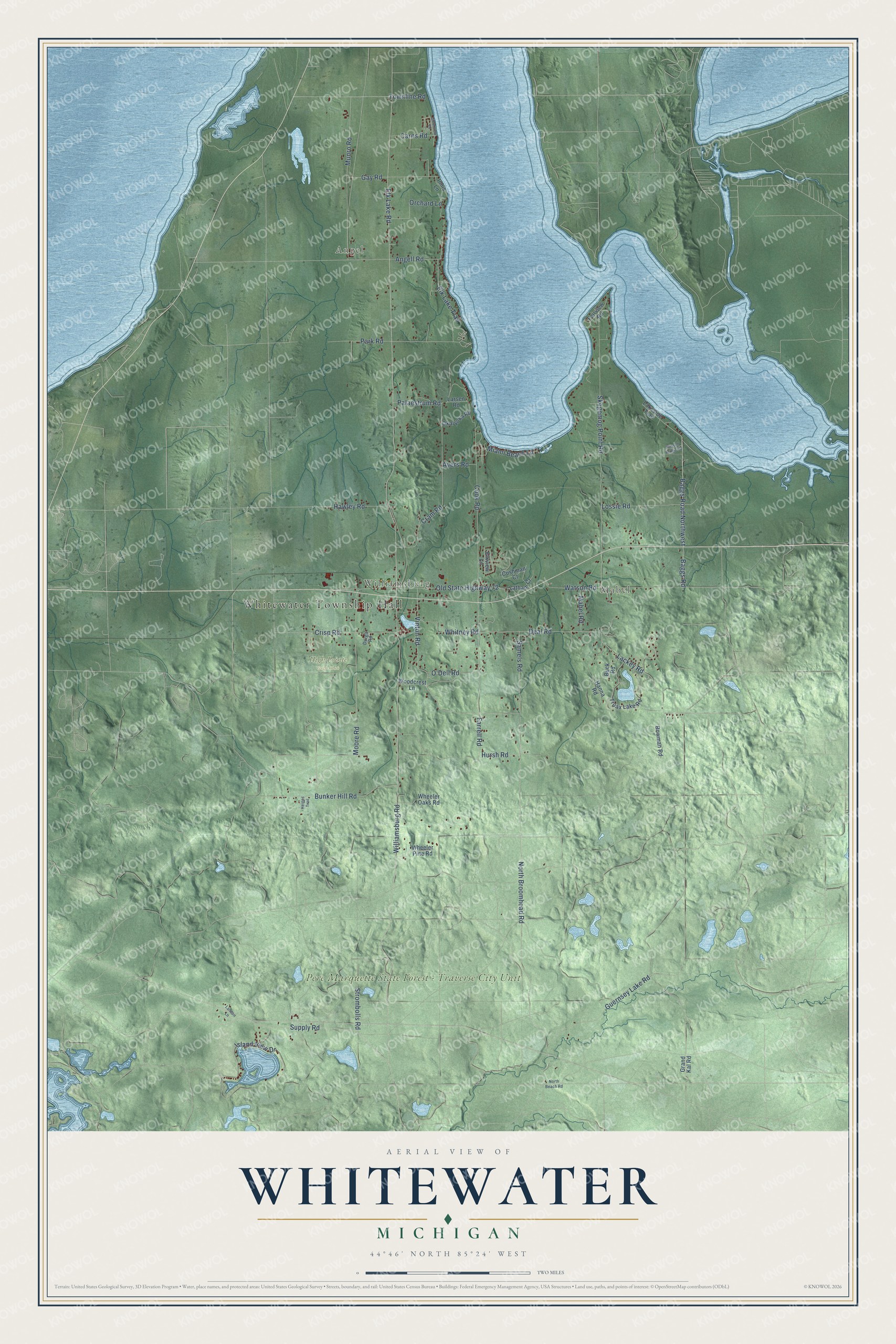 Full map of Whitewater, Michigan, with red buildings, printed street names and the land around them