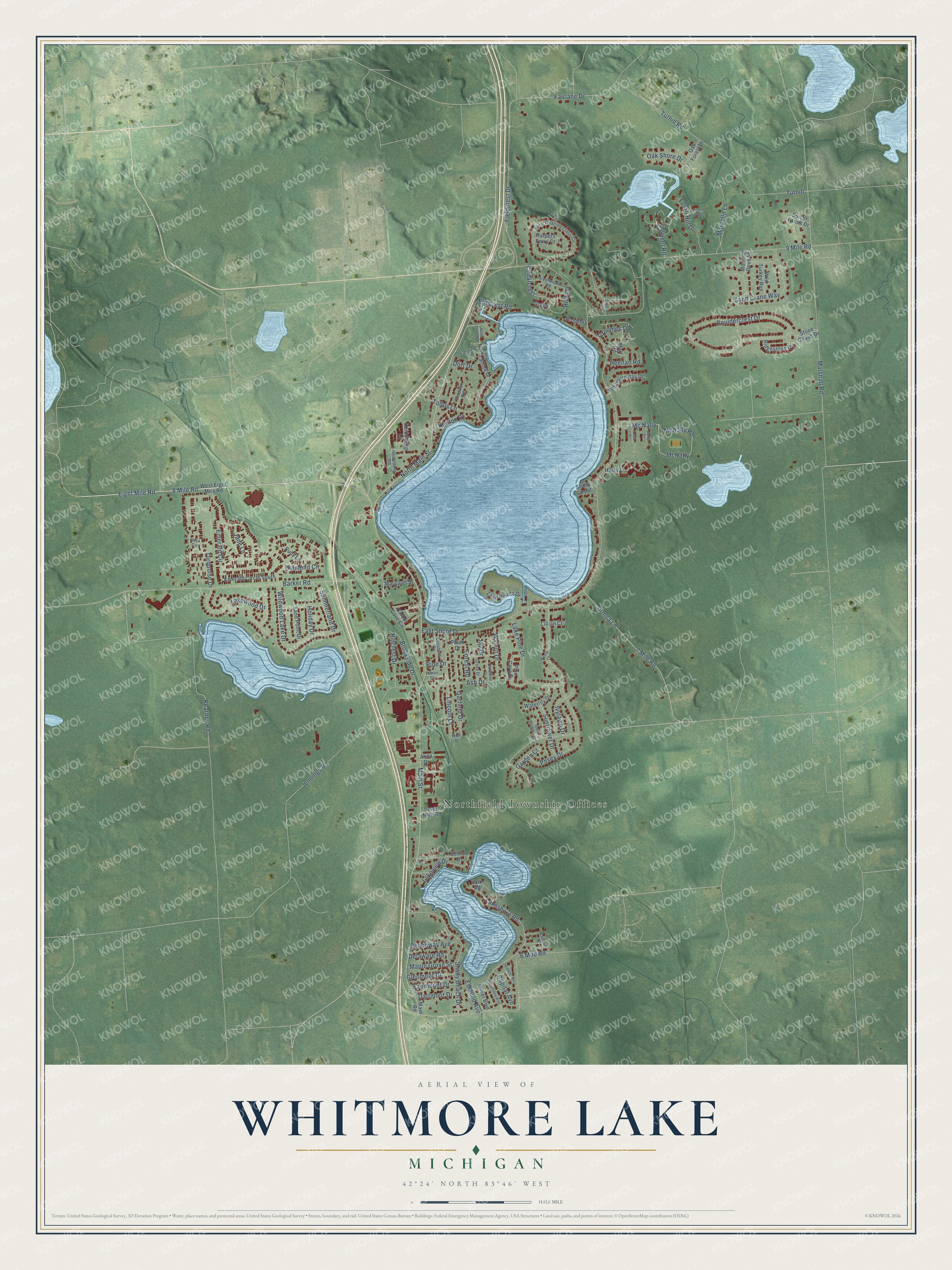 Full map of Whitmore Lake, Michigan, with red buildings, printed street names and the land around them