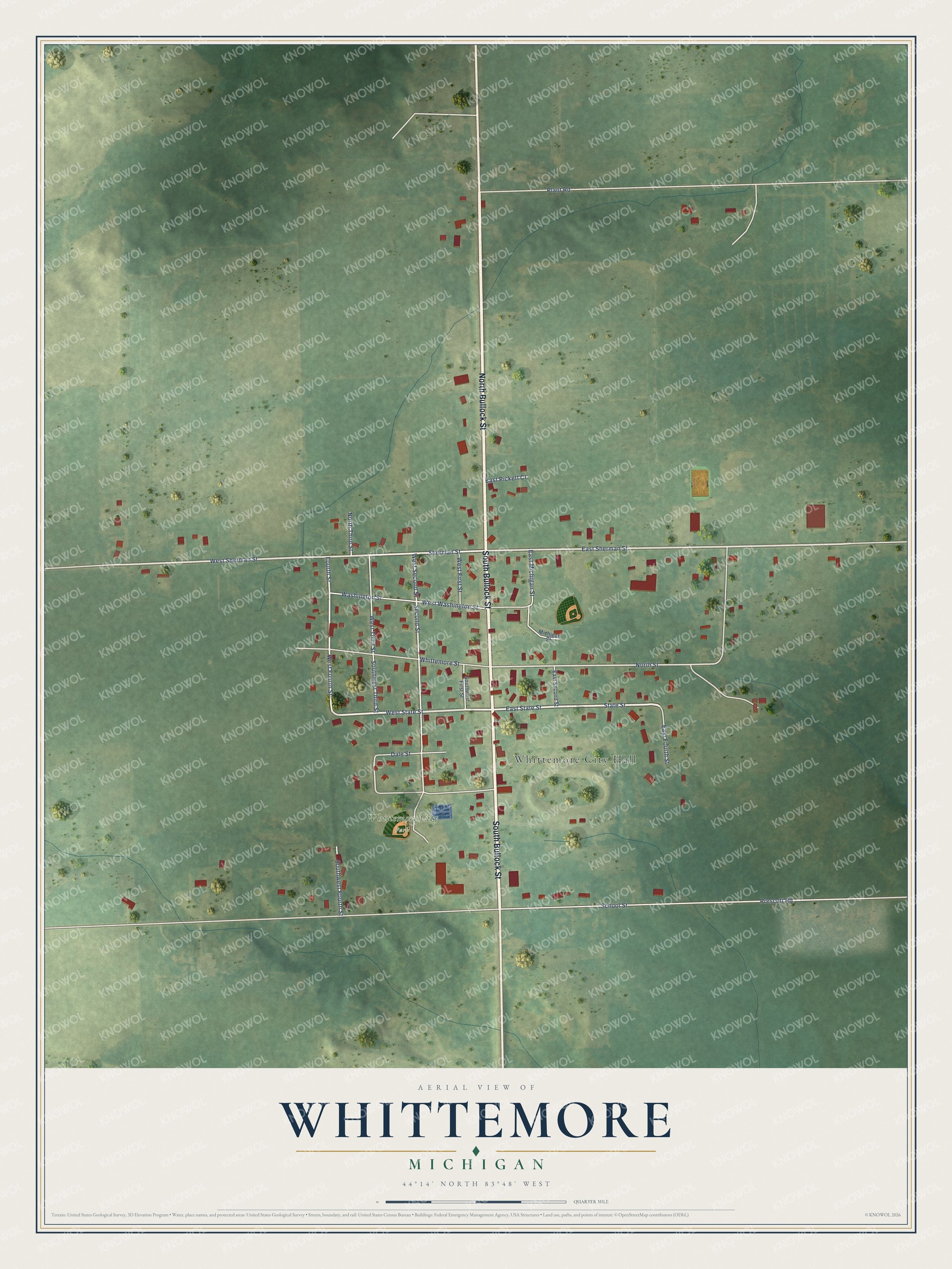 Full map of Whittemore, Michigan, with red buildings, printed street names and the land around them