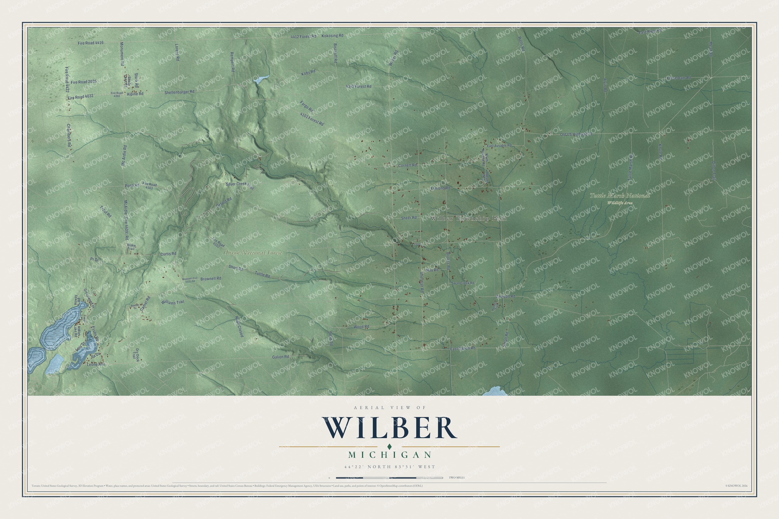 Full map of Wilber, Michigan, with red buildings, printed street names and the land around them