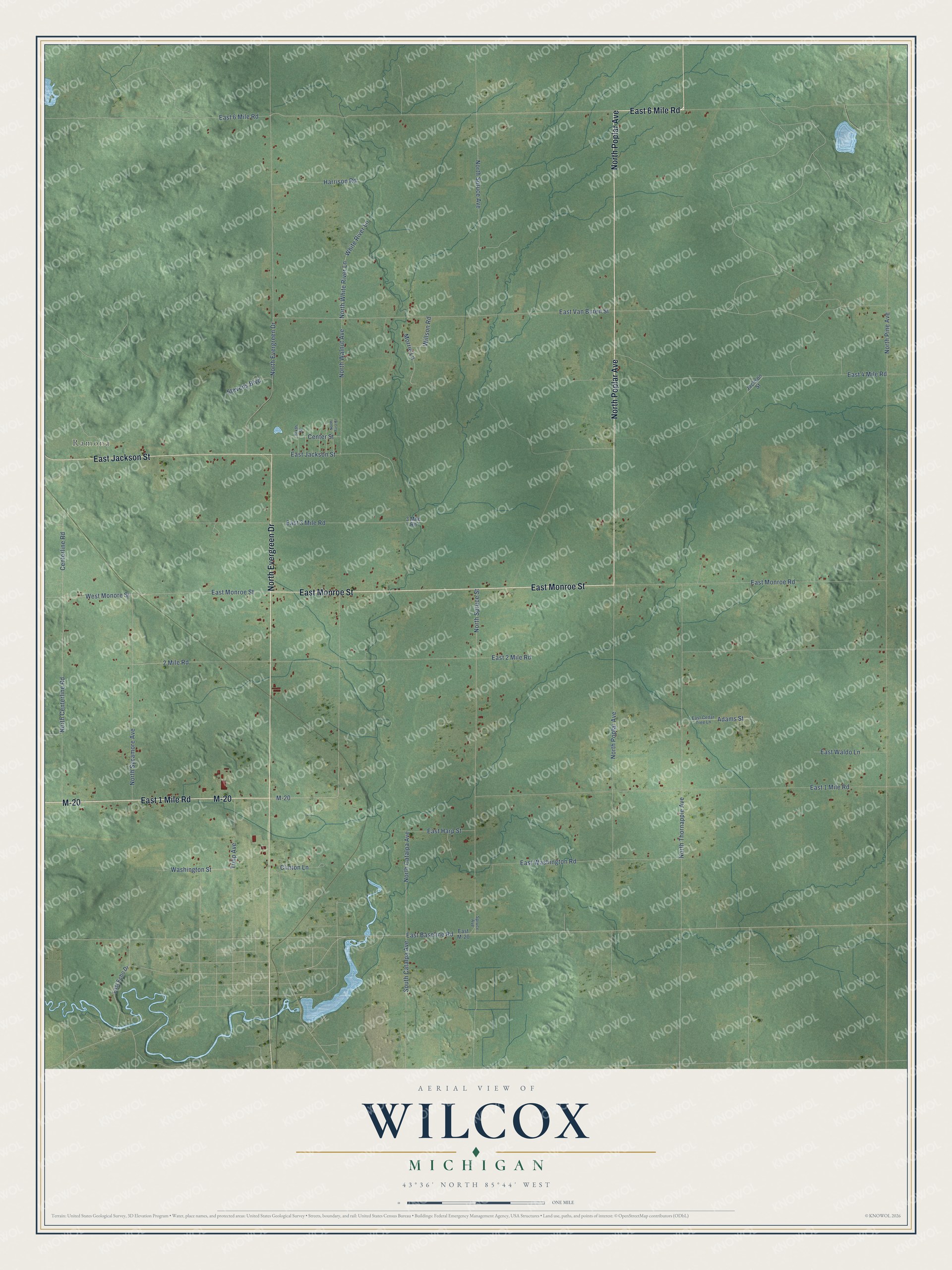 Full map of Wilcox, Michigan, with red buildings, printed street names and the land around them