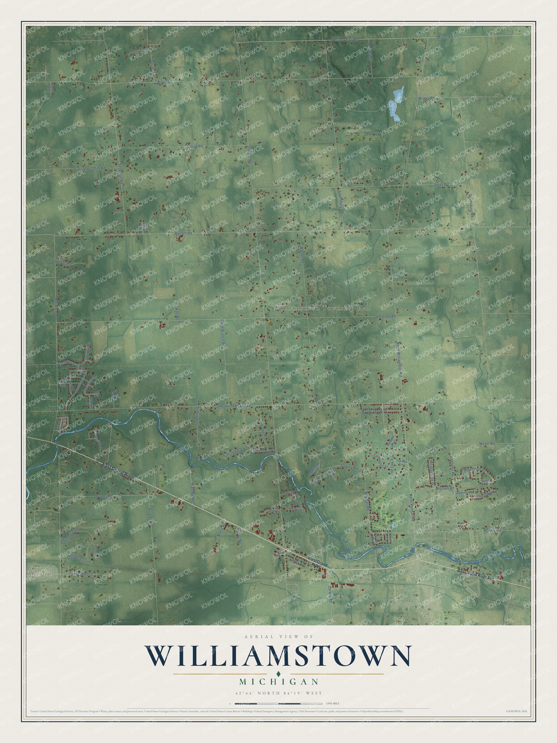 Full map of Williamstown, Michigan, with red buildings, printed street names and the land around them
