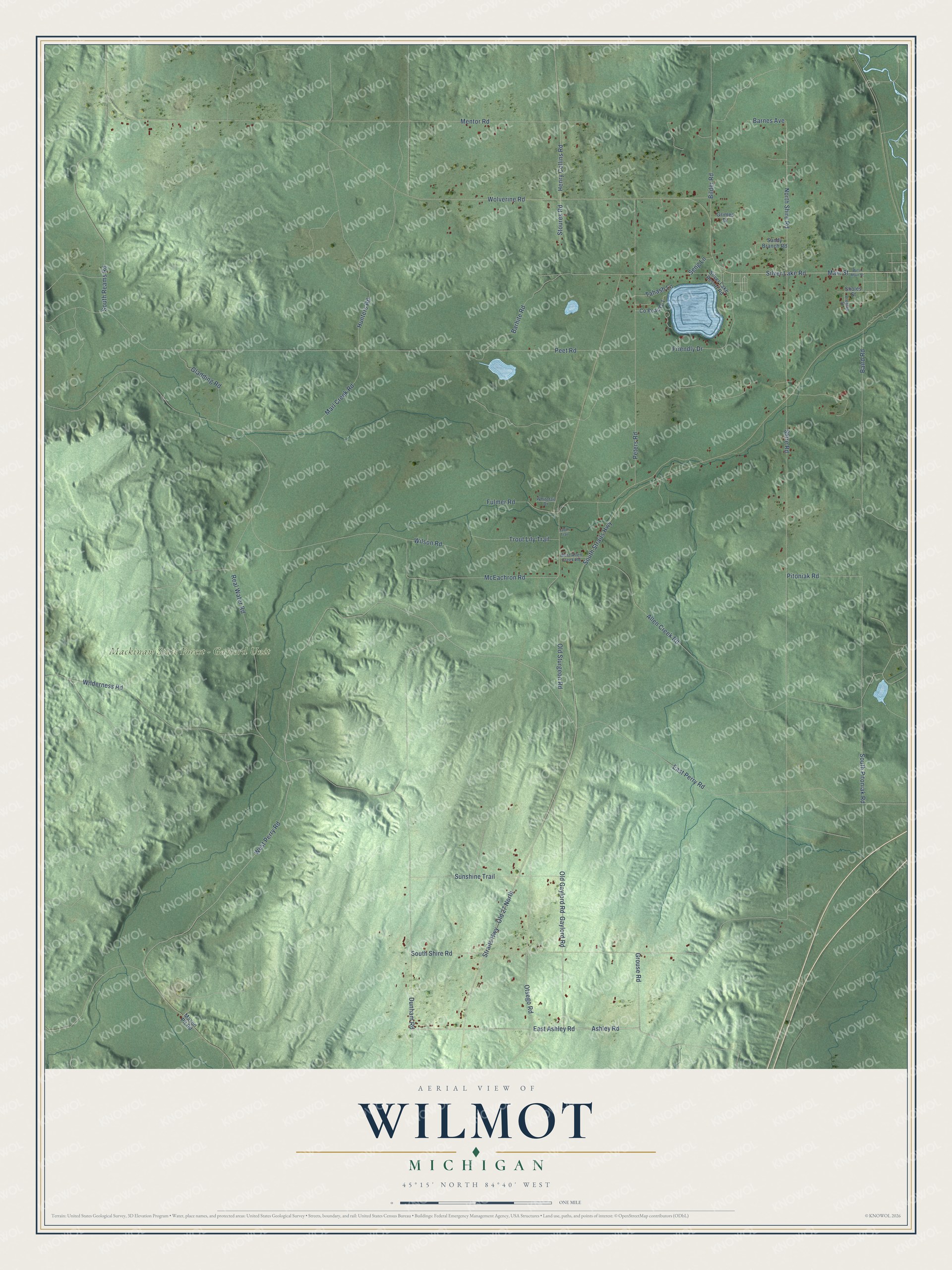 Full map of Wilmot, Michigan, with red buildings, printed street names and the land around them