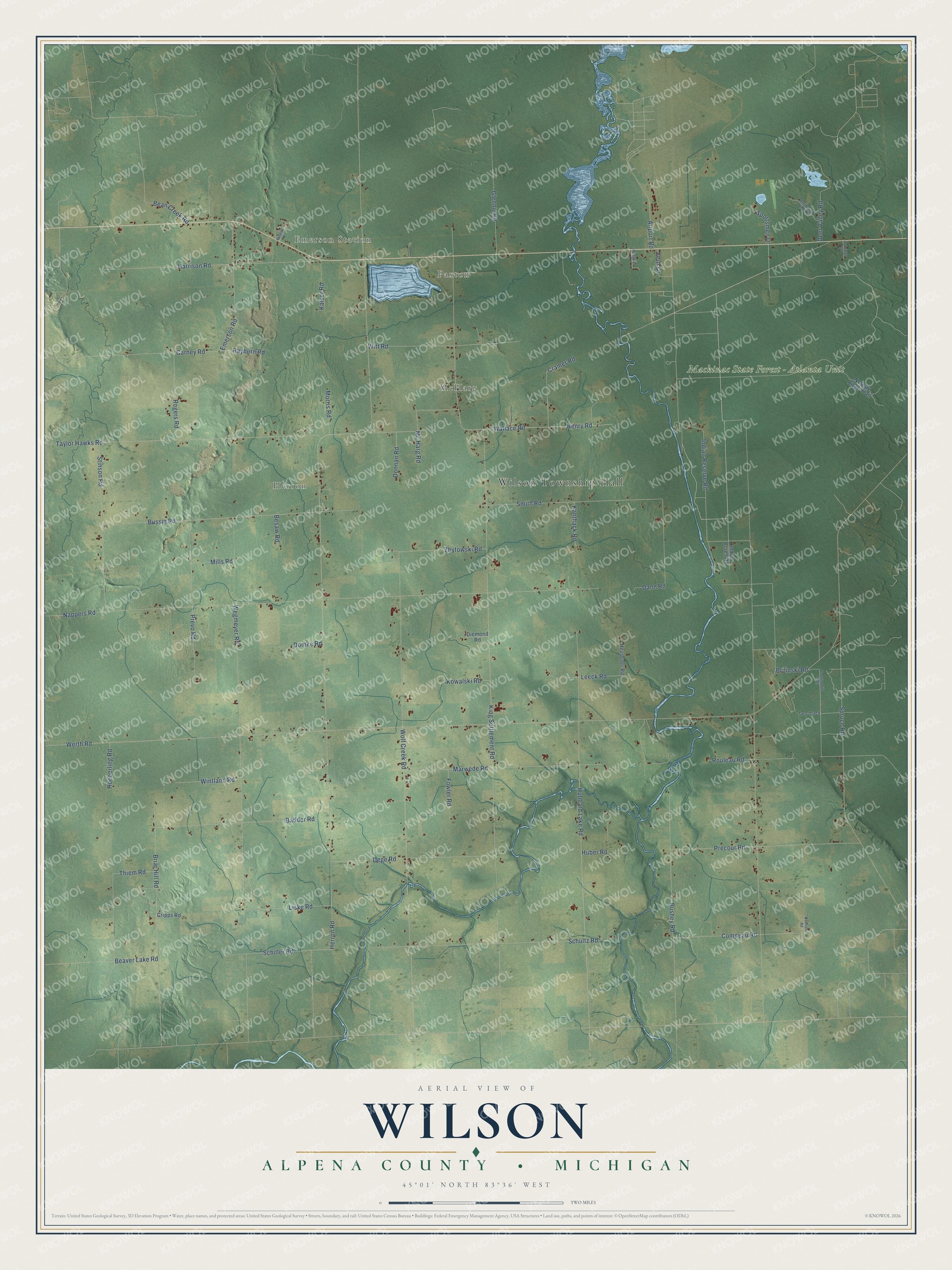 Full map of Wilson, Michigan, with red buildings, printed street names and the land around them